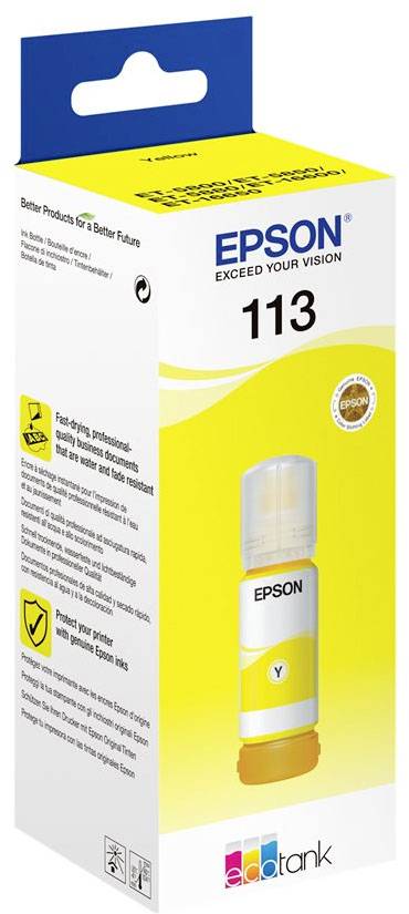 Yellow Epson 113 ink bottle in original packaging. Text 'Exceed Your Vision'. Suitable for EcoTank printers. Liquid ink.