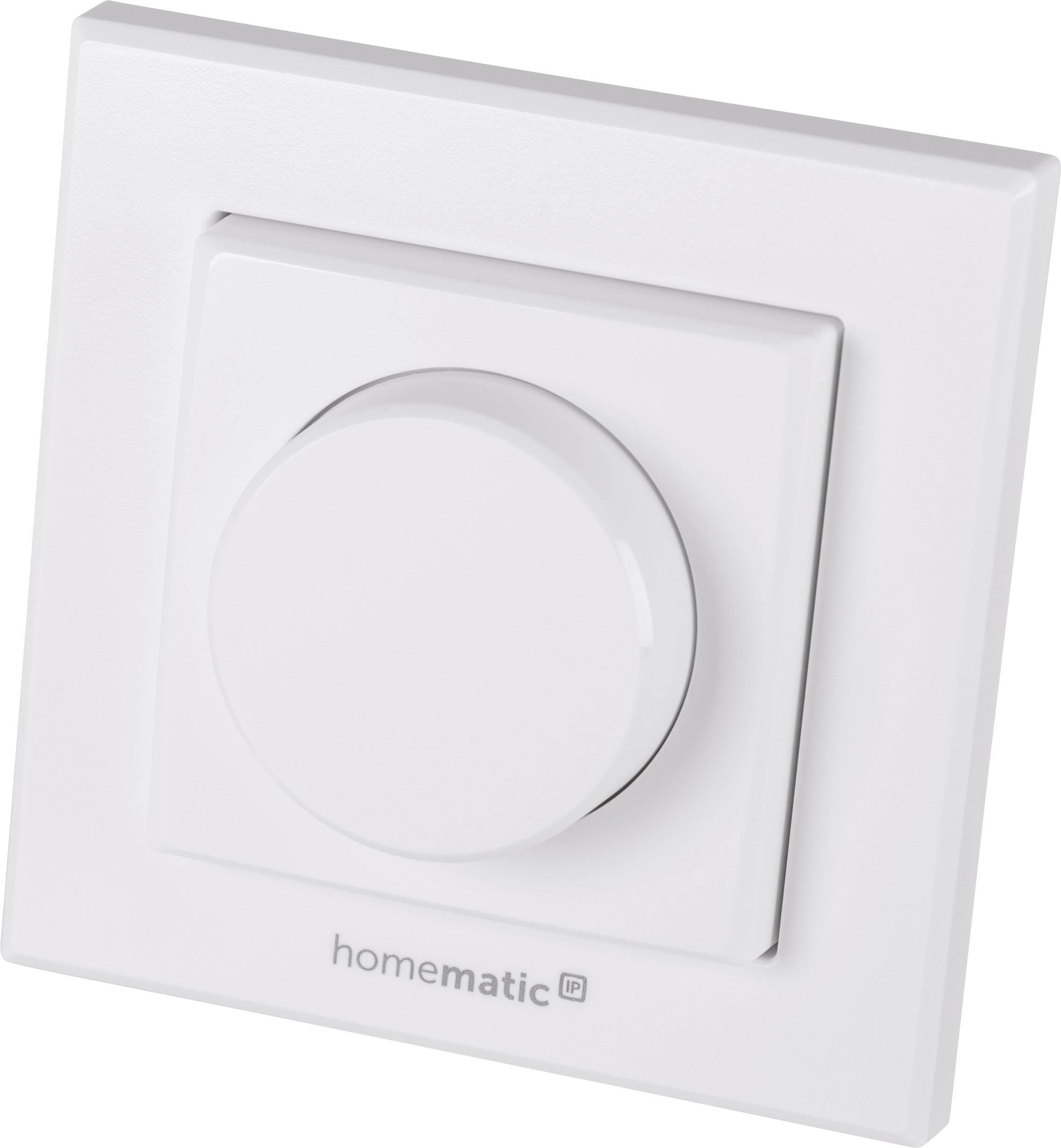 A white wall switch with a rotary knob, brand name 'homematic IP' shown below.