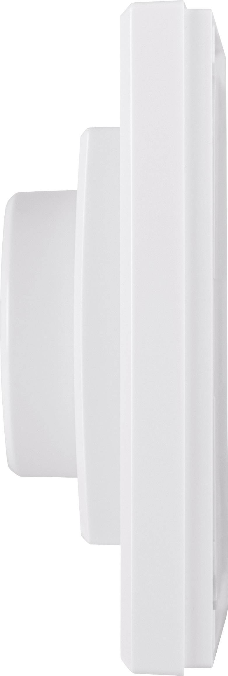 White, side view of a square device with a protruding curve, possibly a switch or thermostat.
