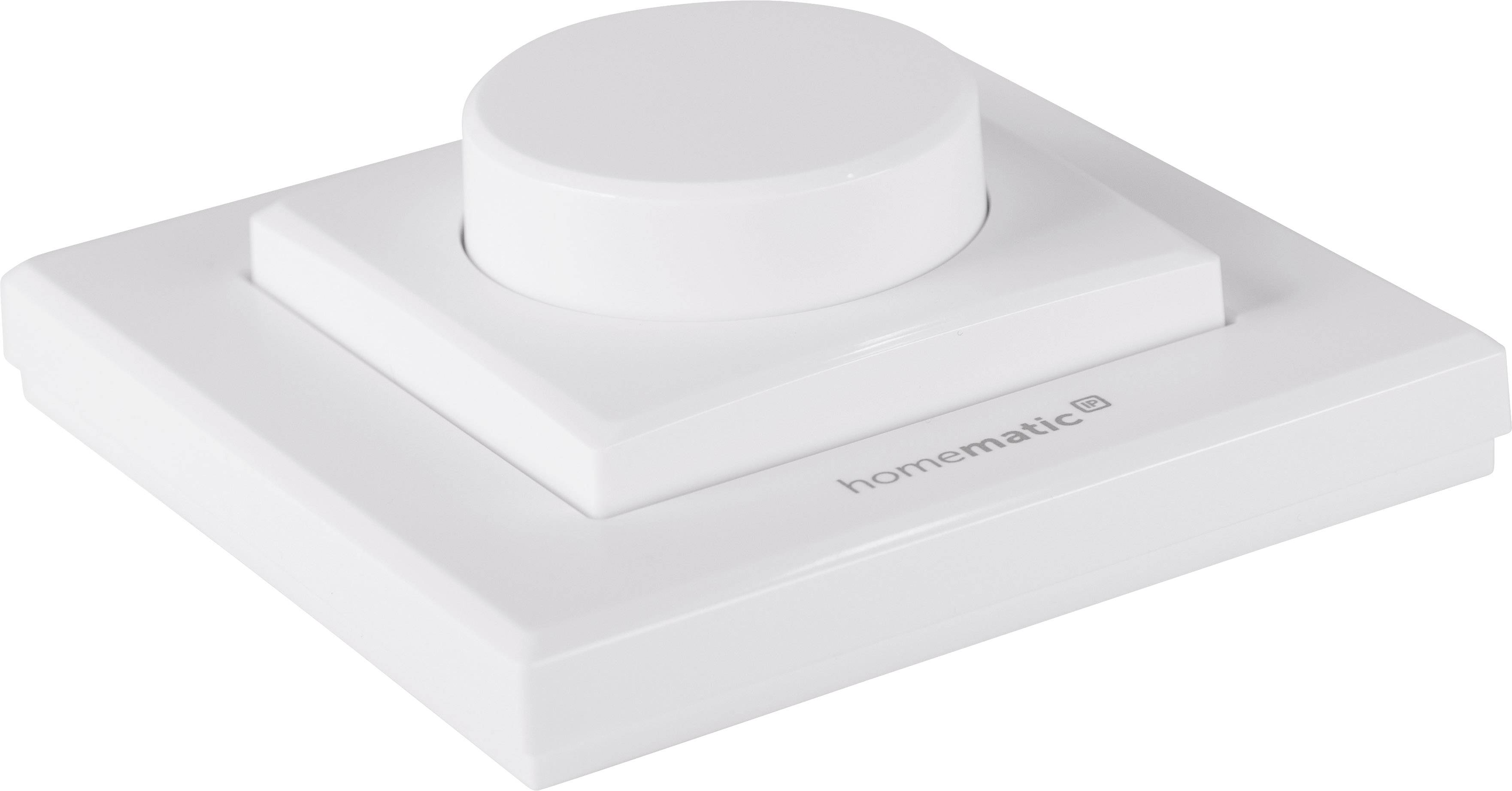 White square light switch with round rotary control, brand 'homematic', suitable for controlling electrical devices.