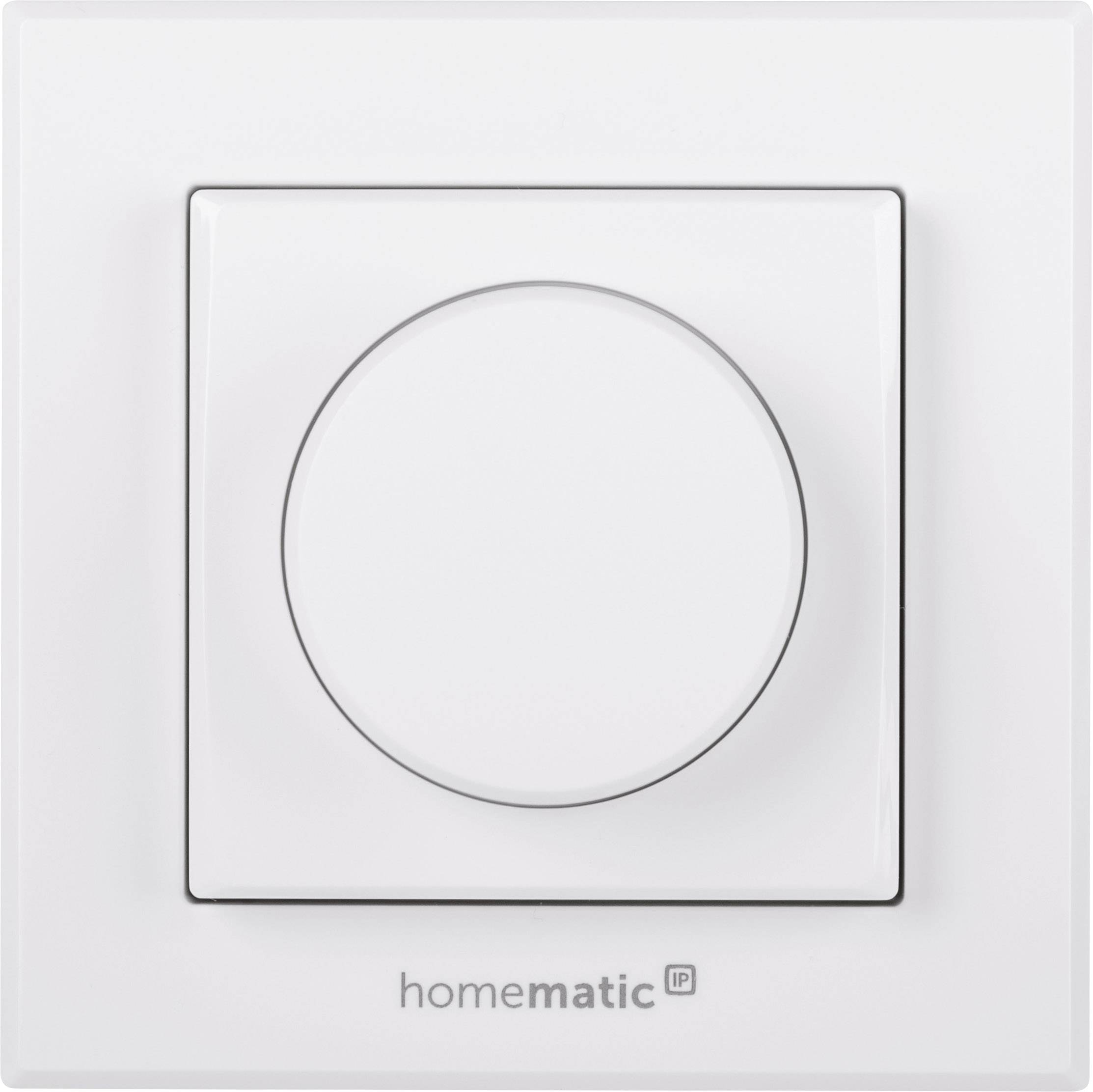 A smart light switch by 'homematic IP', square in white with a central round button, suitable for home automation.