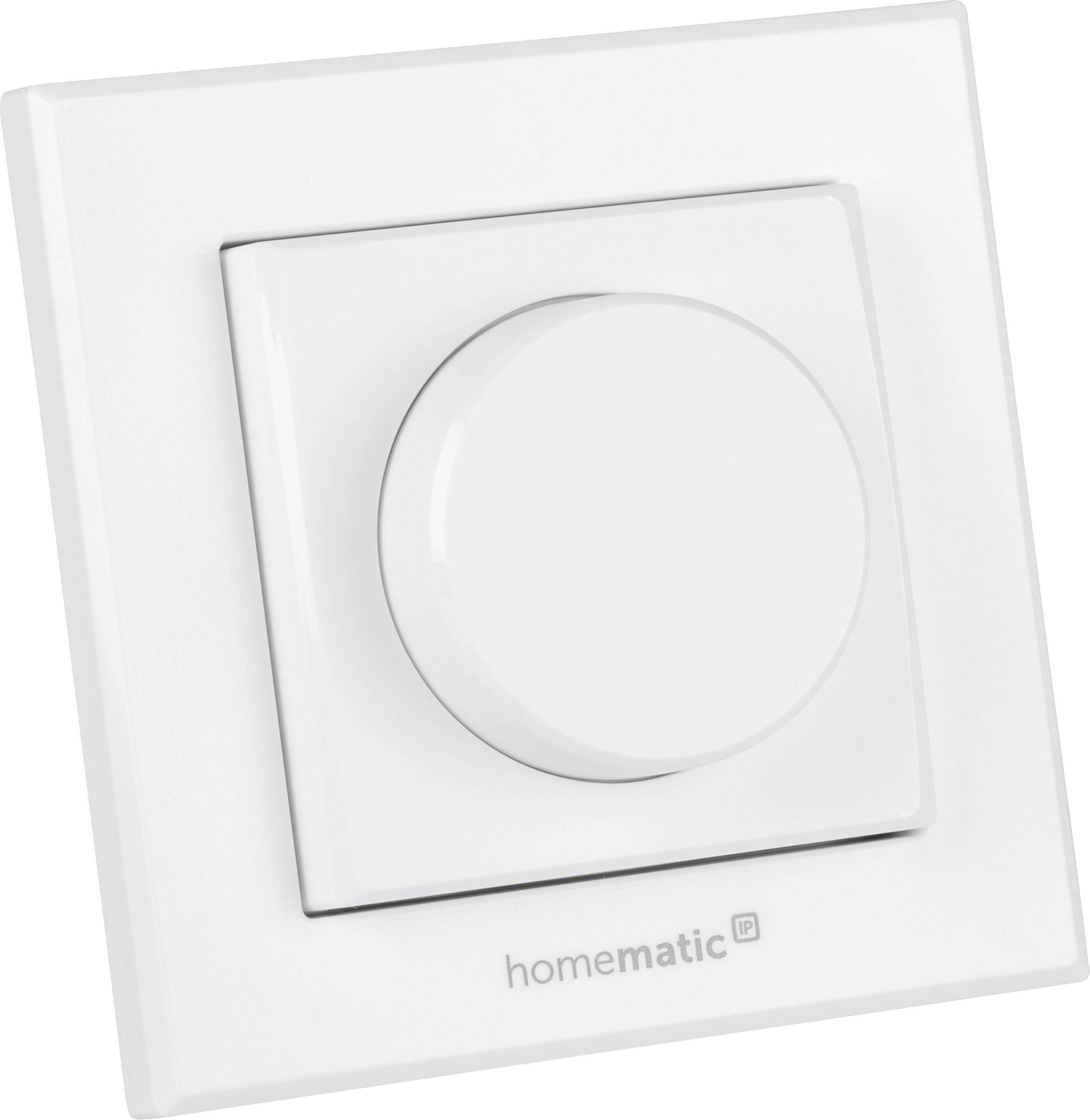 A white, square dimmer switch from Homematic IP, suitable for controlling lighting systems in smart homes.