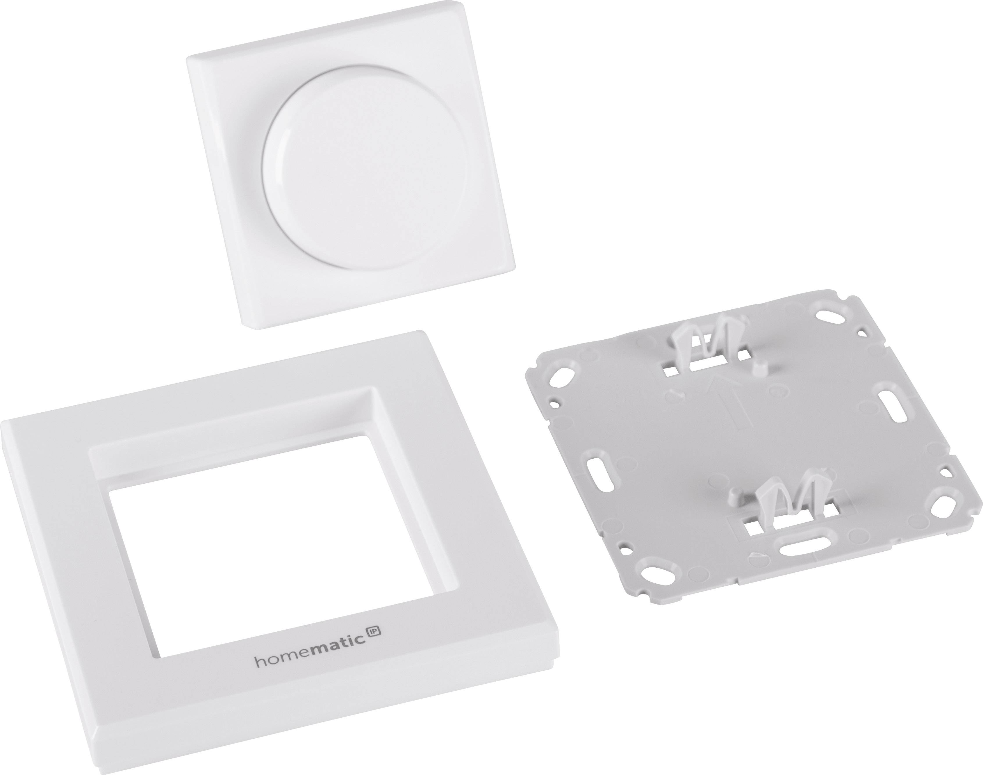 'Switching Actuator for DIN Rail Mounting' with white housing. Three parts: Frame, cover, and mounting plate, suitable for smart home automation.