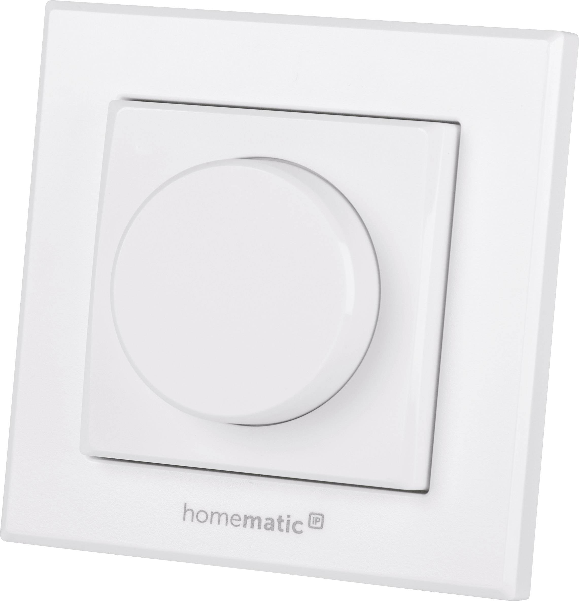 White rotary control dial on a wall for controlling a smart home system. Below it reads 'homematic'.