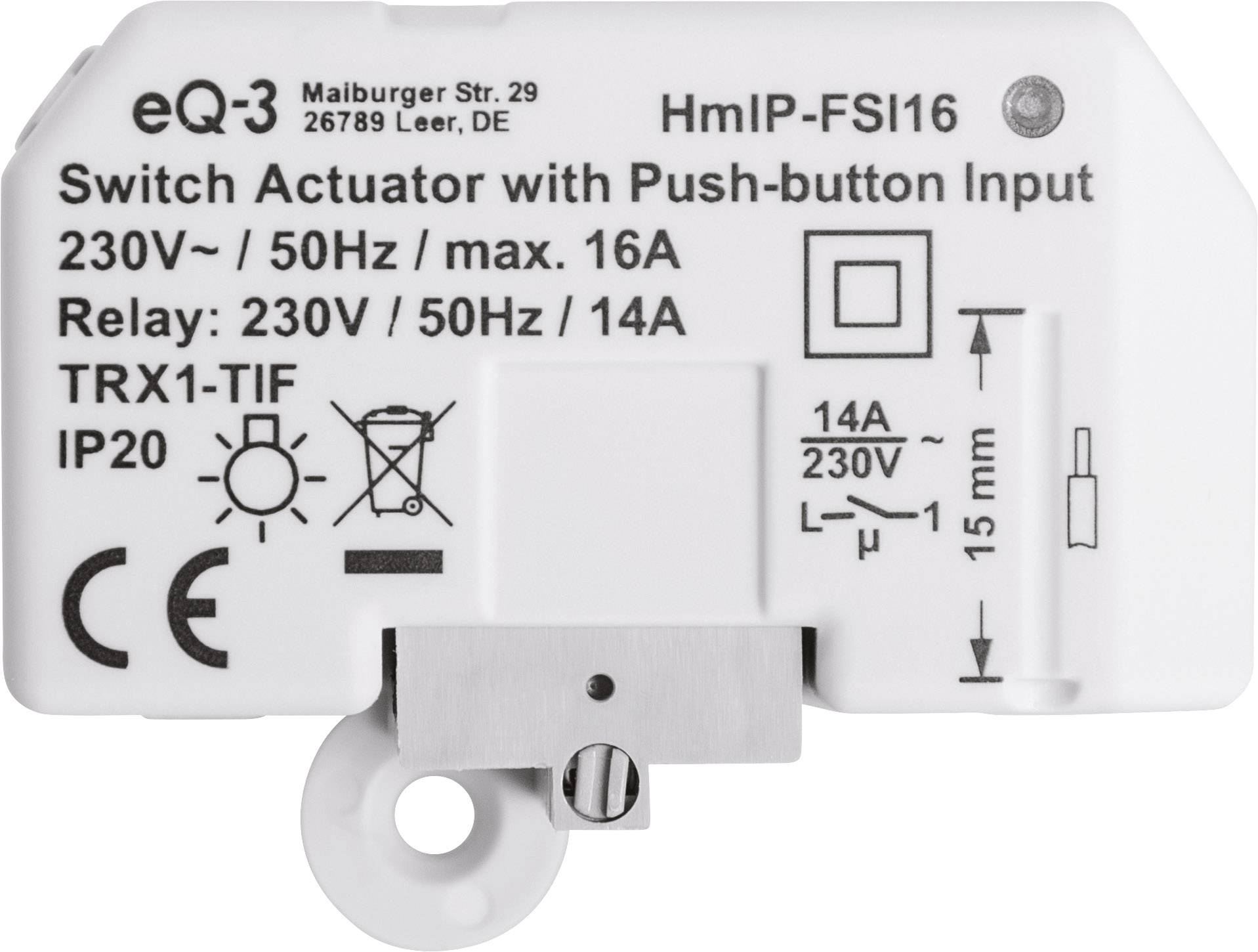 A white switching device with inscription: 'Switch Actuator with Push-button Input'. 230V, 50Hz, max. 16A. Model: HmIP-FSI16.