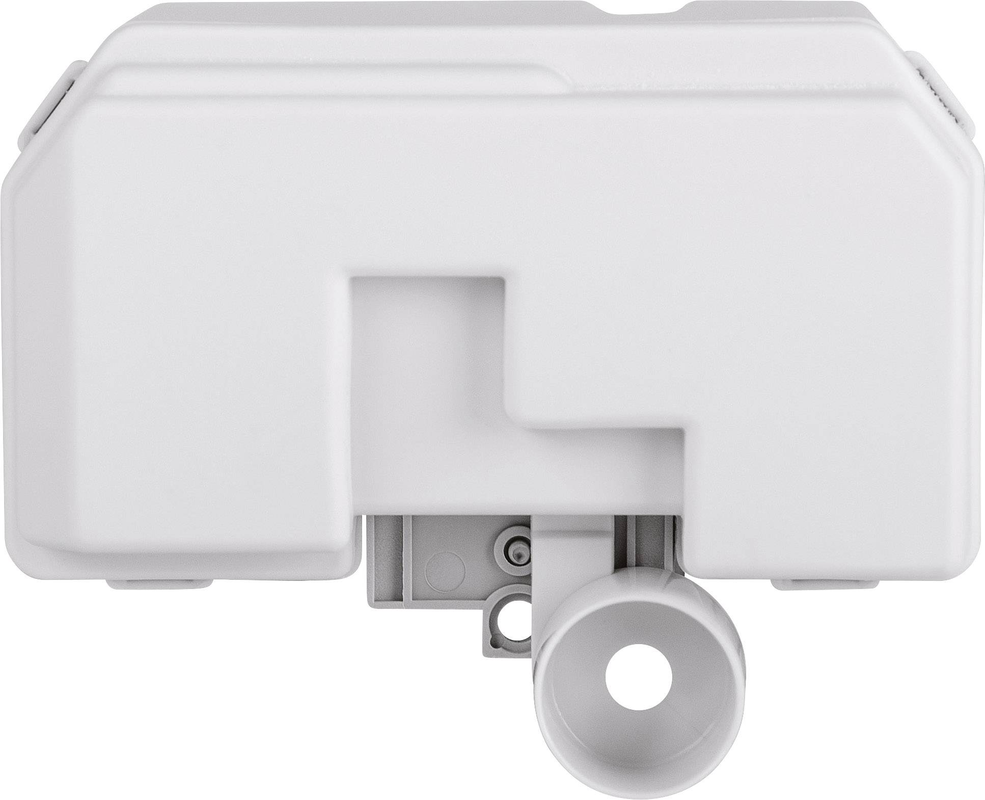 A white, rectangular motion sensor with rounded edges and a circular lens at the bottom.