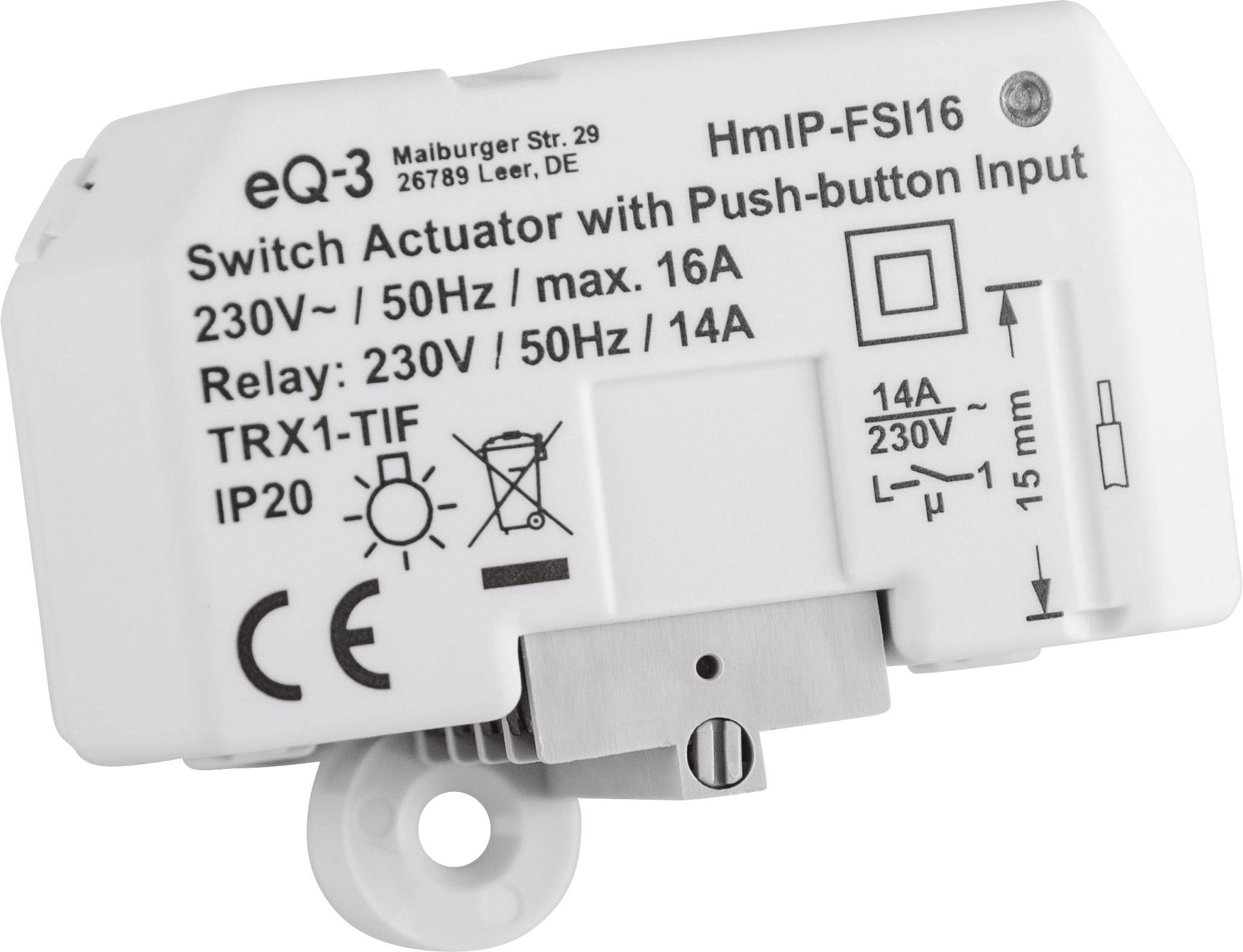 'Switching actuator with push-button input, 230V / 50Hz, max. 16A, Relay: 230V / 50Hz / 14A.' Housing displays technical data and symbols.