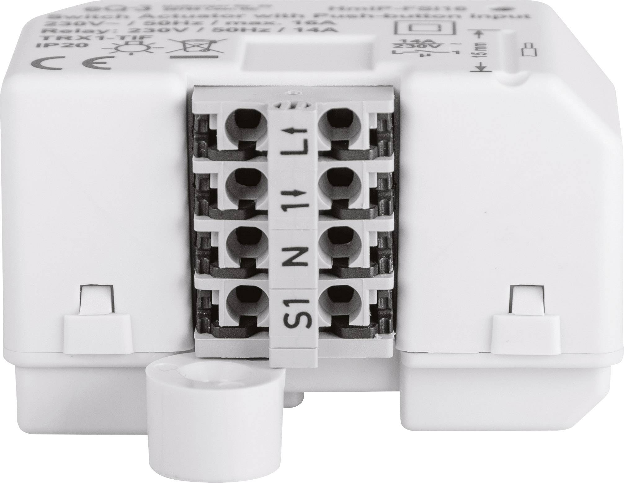 An electronic device with multiple terminal blocks, labelled L, N and S. Used in electrical circuits.