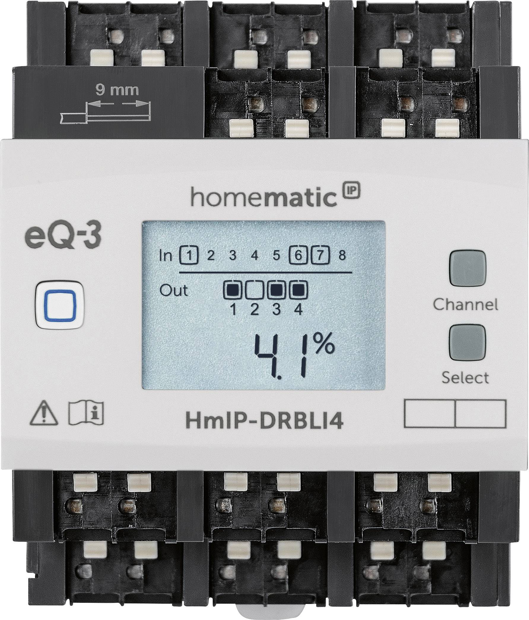 A HmIP-DRBLI4 blind/shutter actuator from eQ-3 displaying the current dimming value of 4.1%. Above: Channels 1 to 4 for control.
