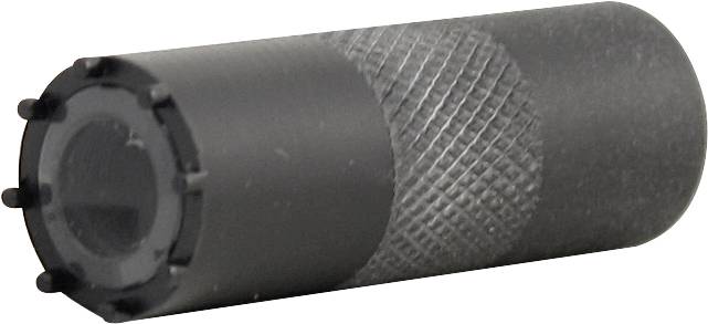 Cylindrical, black object with a ridged surface and a flat, serrated end. Potentially a tool.