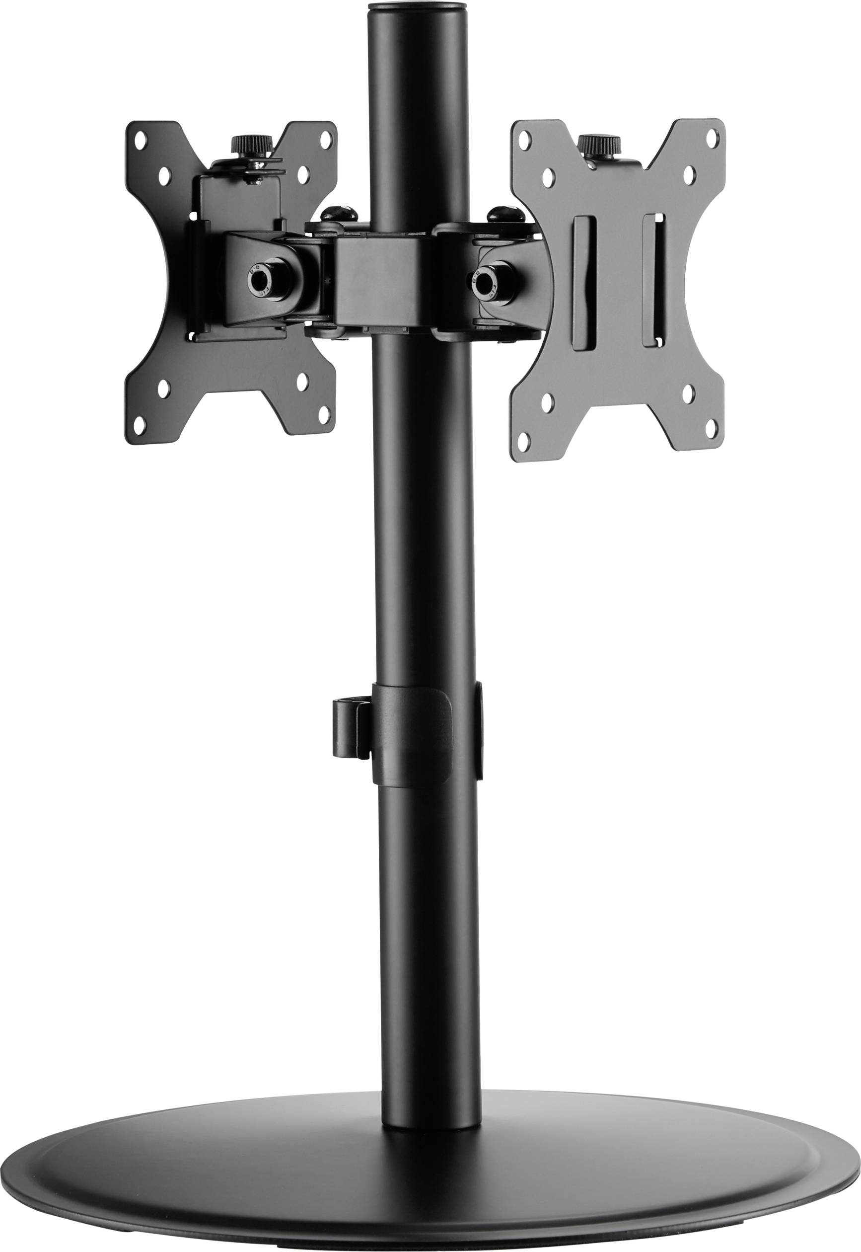 A black table frame with two adjustable mounting brackets for computer monitors, mounted on a circular base stand.