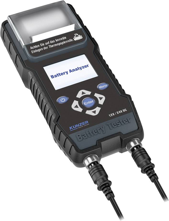 Battery analyser with digital display and control elements. Printed text: 'Battery Analyser', connections for battery testing.