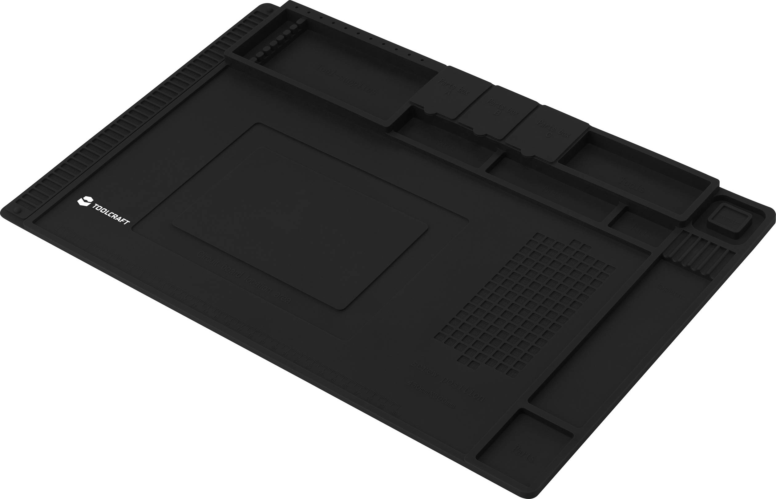 Black silicone mat with various compartments and sections for organising tools and small parts.