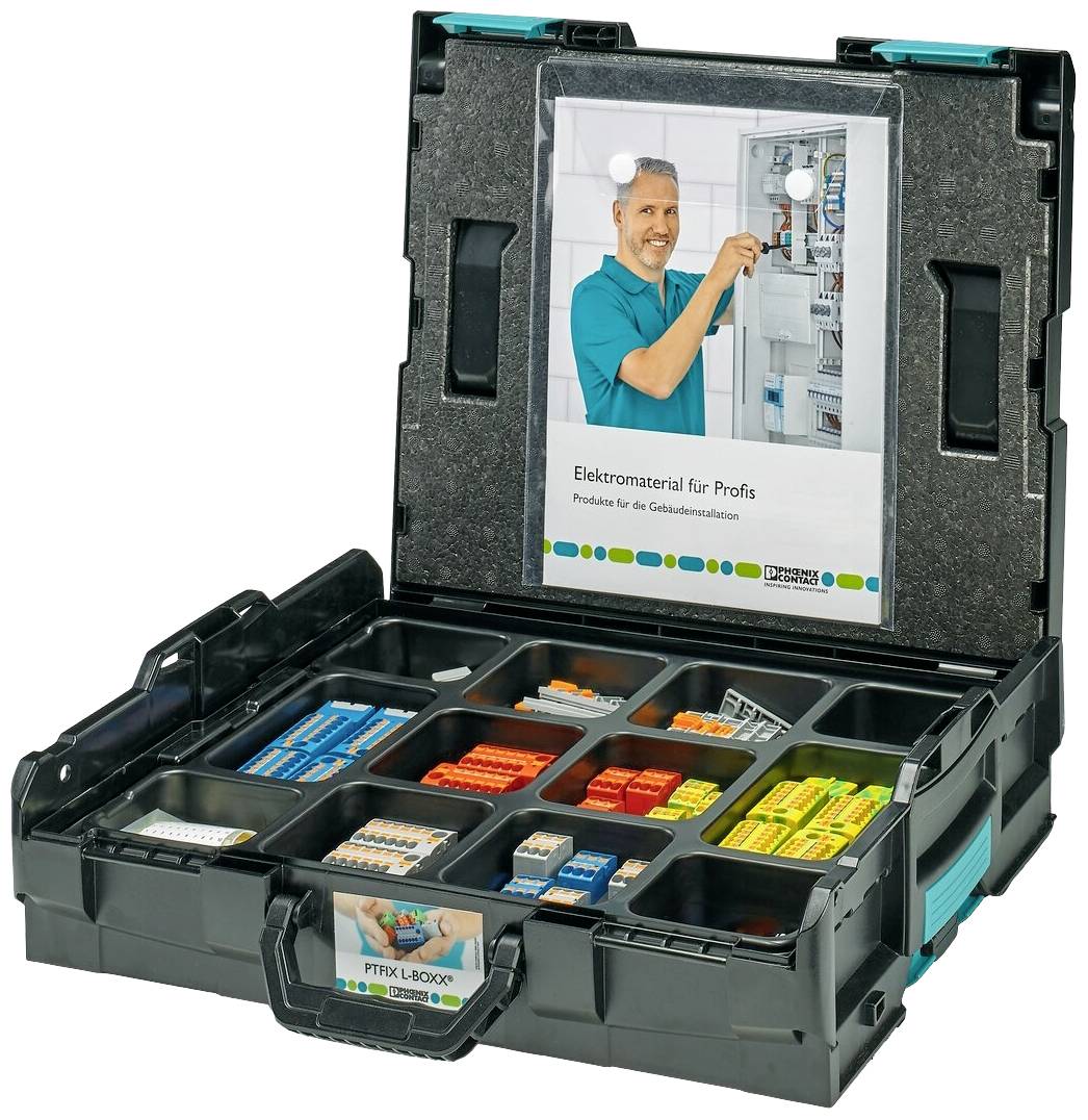 An open toolbox containing various electrical clamps and connectors. The lid features an image and text about 'Electrical Supplies for Professionals'.