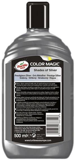 Bottle of a car care product by Turtle Wax with the inscription 'Color Magic: Shades of Silver'. 500 ml.