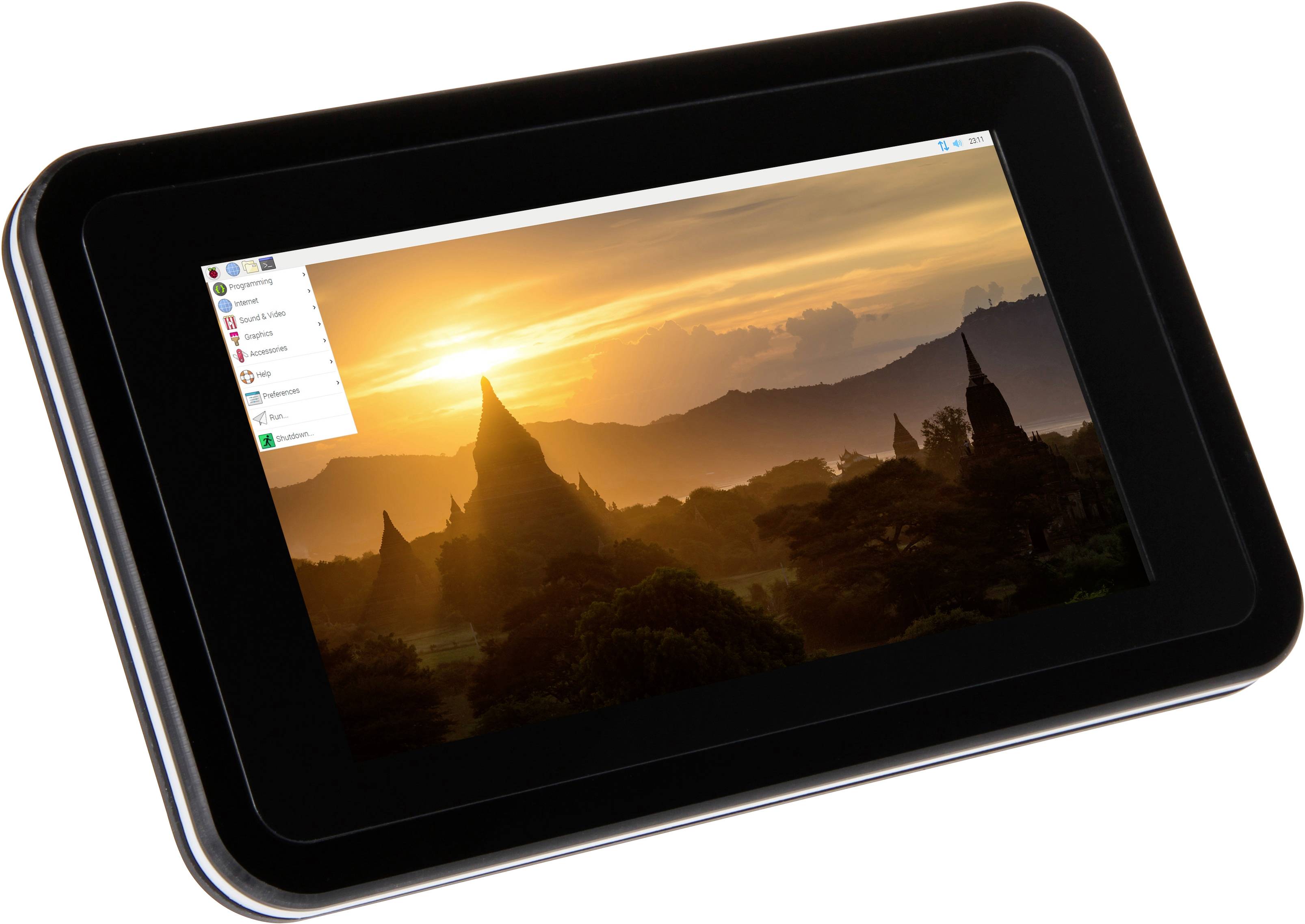 Tablet with landscape screen, showing sunset over mountains. Screen menu visible on the side.