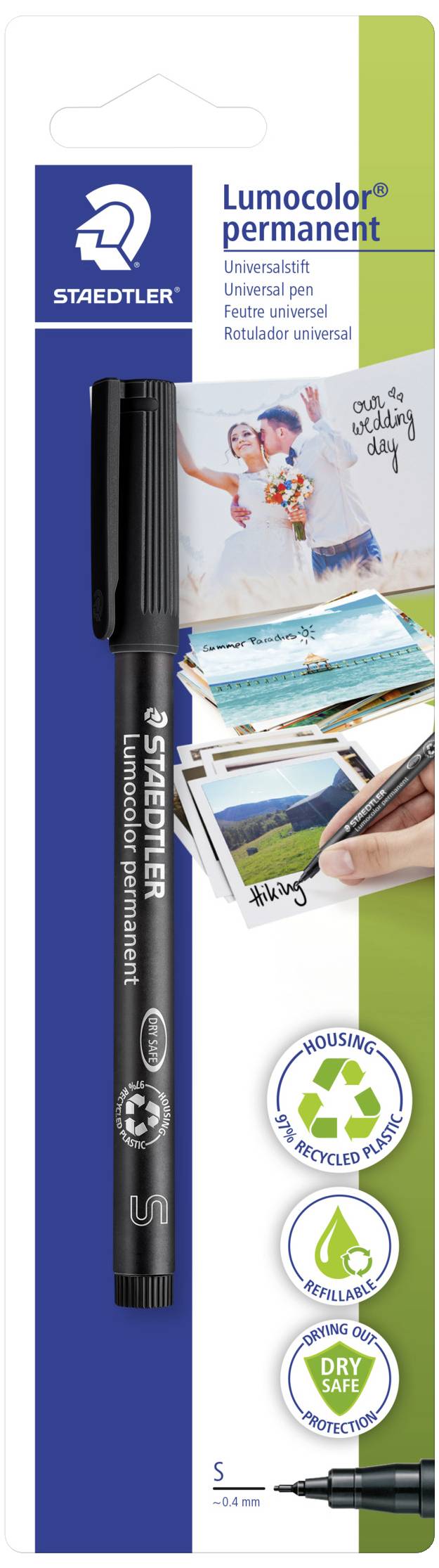A black Staedtler 'Lumocolor permanent' universal marker. The packaging displays photos and symbols for recycled material and dries quickly.