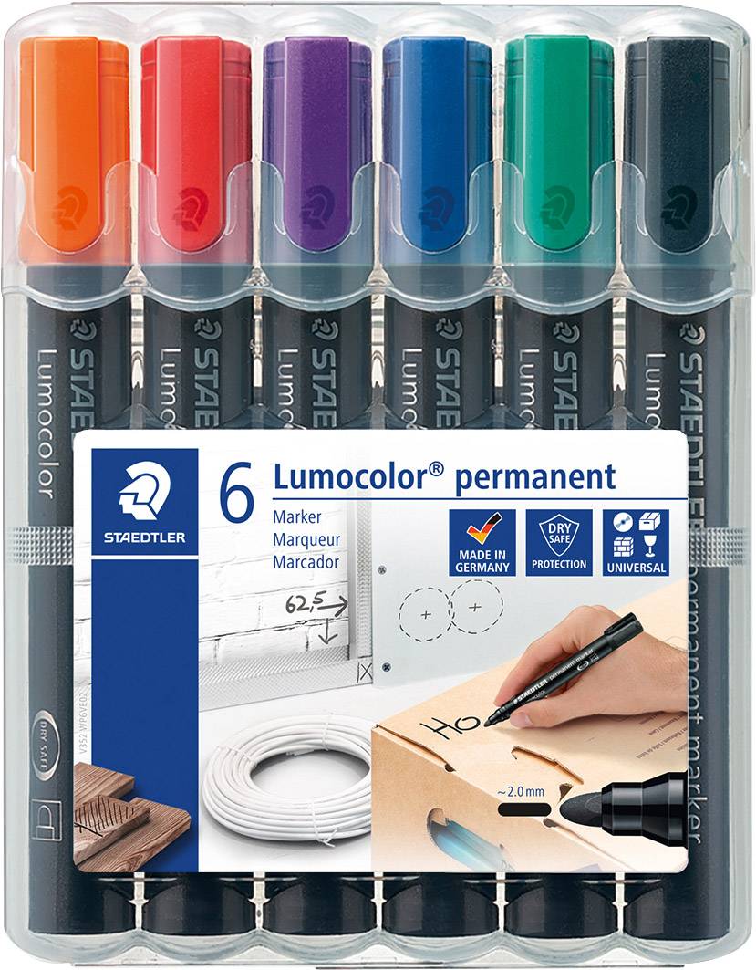 Six colourful, permanent Lumocolor markers by Staedtler in a transparent packaging, suitable for writing on cardboard boxes.