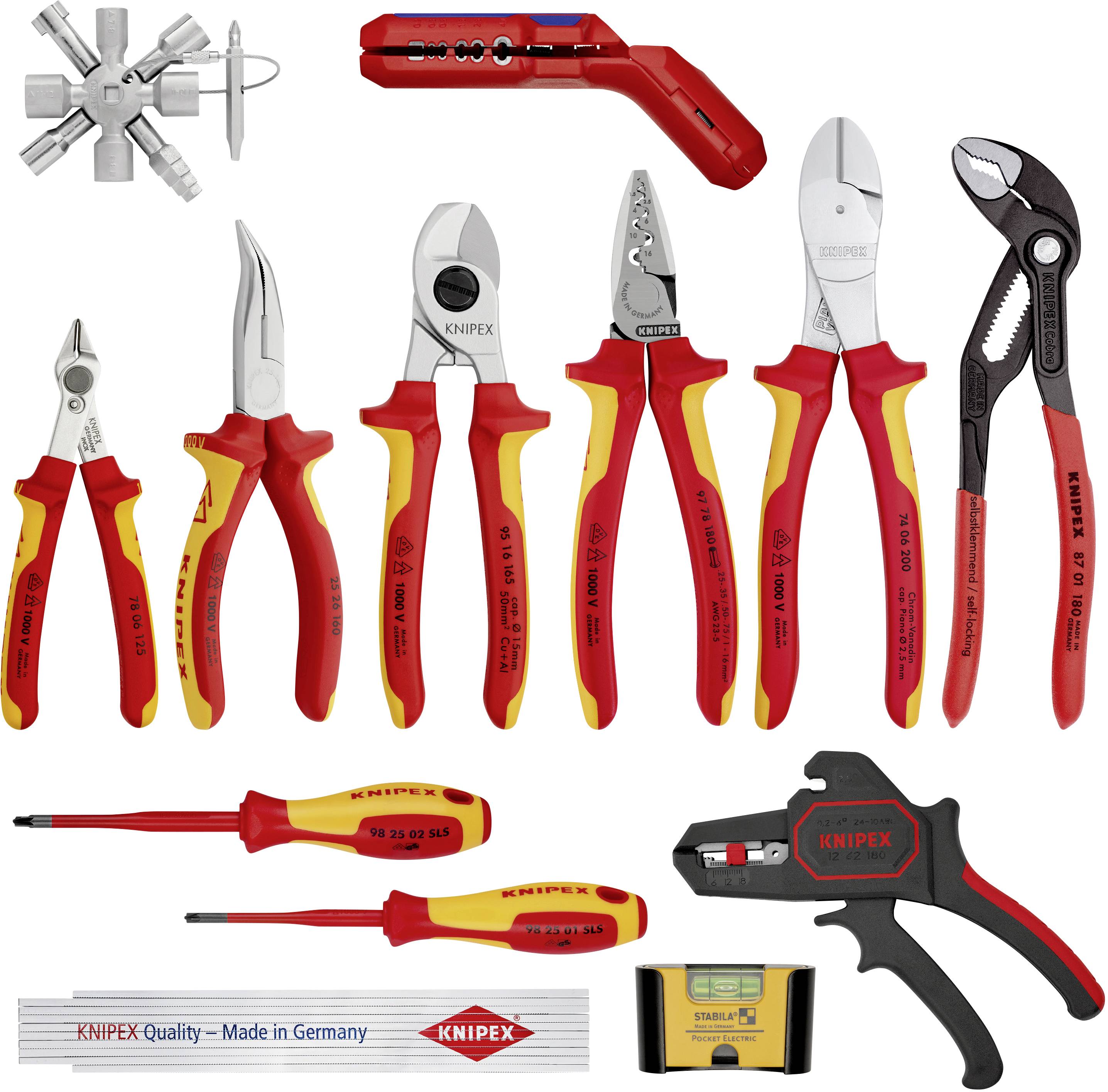 A selection of Knipex tools, including pliers, cable cutters, screwdrivers and a wire stripping tool, on a white background.