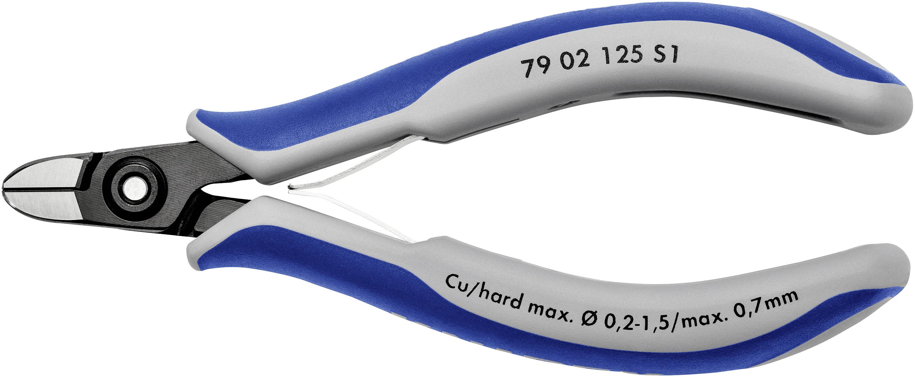 A blue and grey side cutter with the inscription 'Cu/hard max. Ø 0.2-1.5/max. 0.7mm'. Ideal for cutting wires.