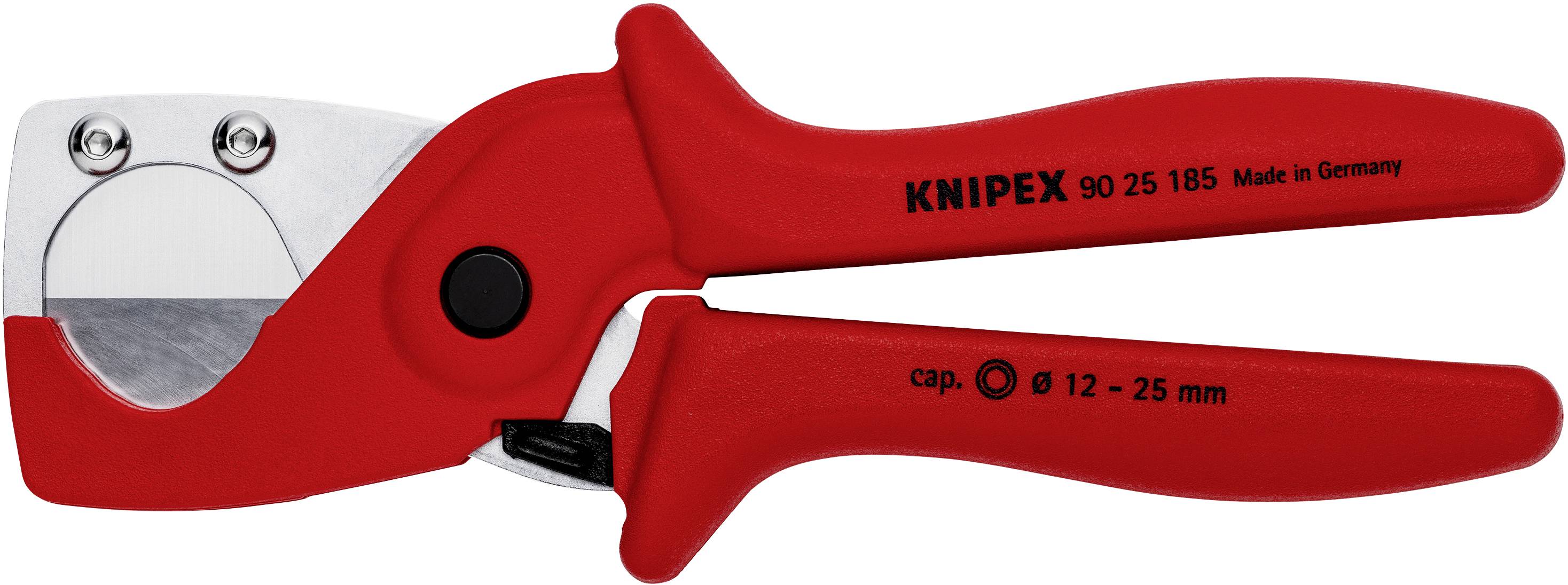 Red Knipex pipe cutting tool, printed with: 'KNIPEX 90 25 185 Made in Germany', suitable for diameters from 12 to 25 mm.