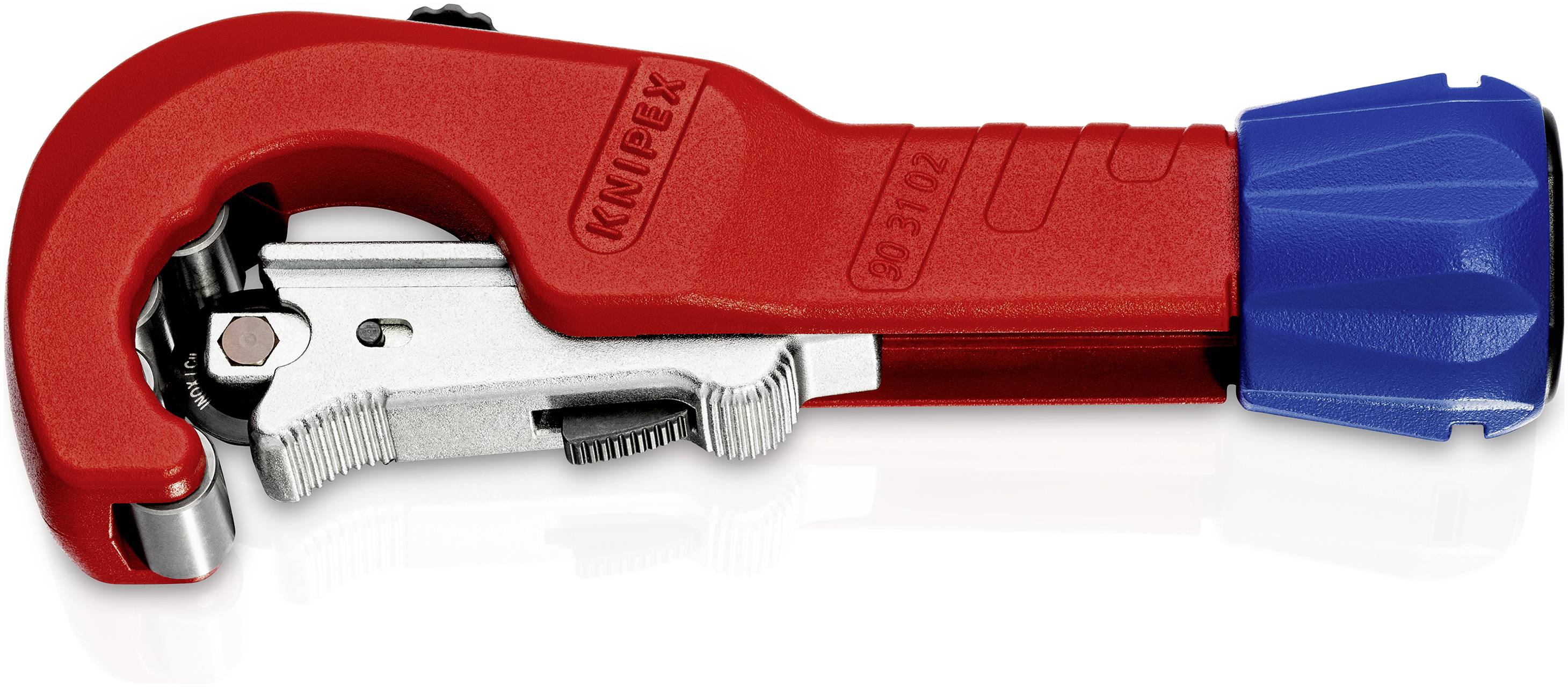 Red pipe cutting tool with silver cutting mechanism and blue handle. Brand name visible on red upper surface.