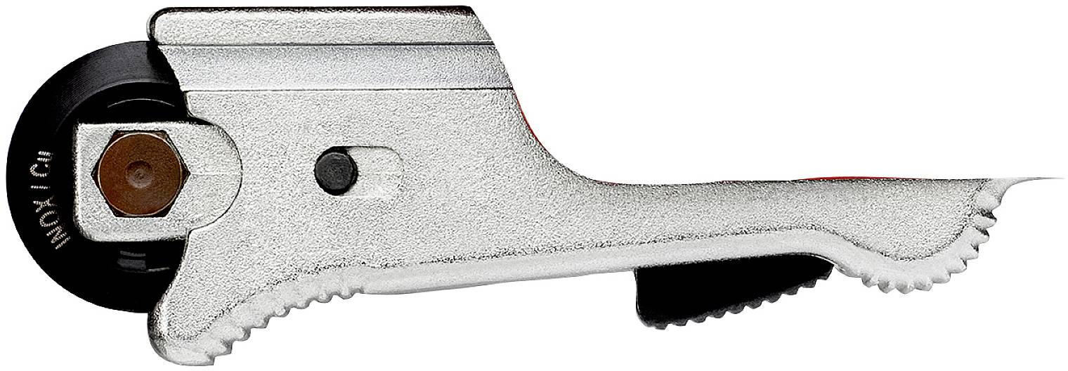 A silver pipe cutter in close-up, showing the serrated cutting edge and handle. Suitable for precise cuts in metal pipes.
