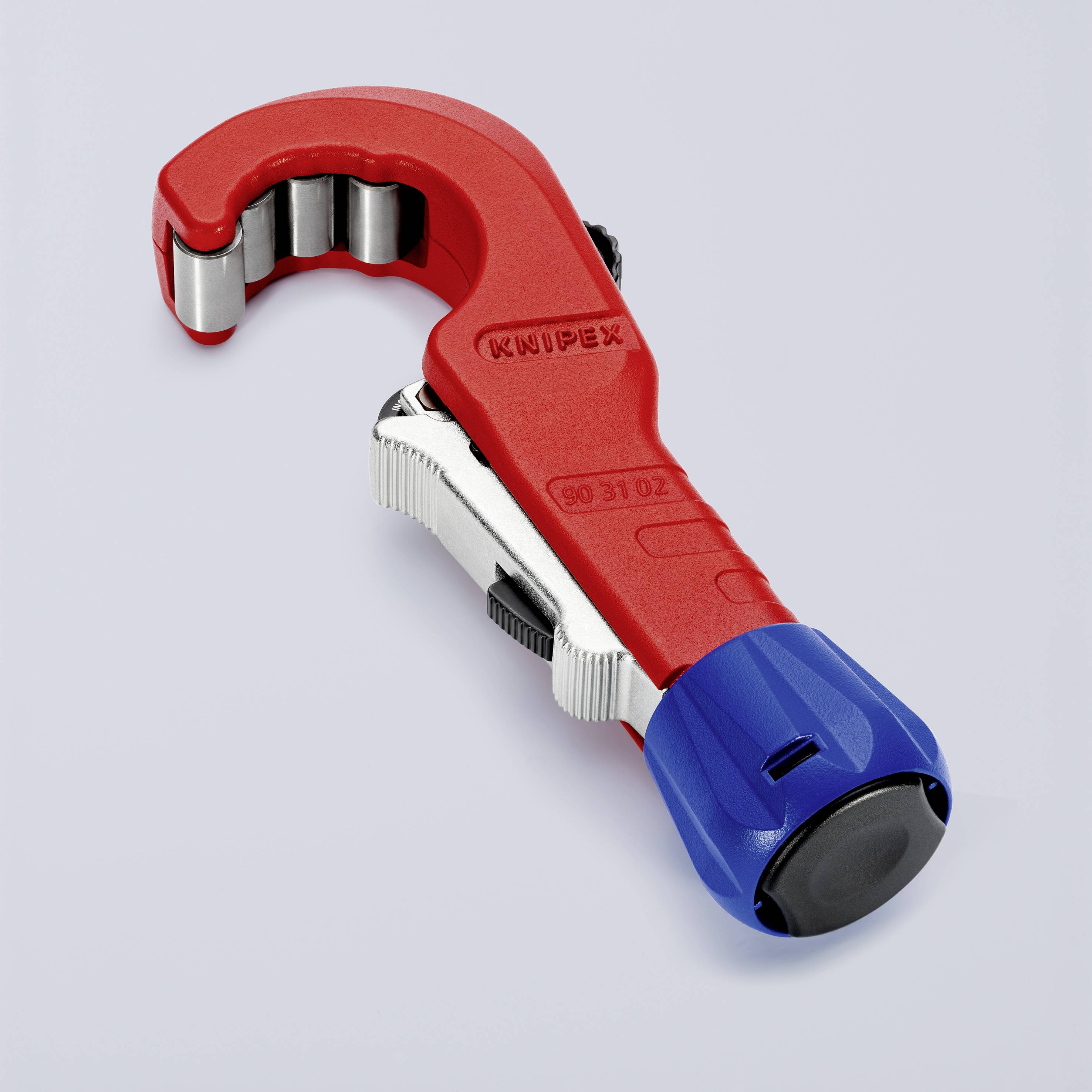 Pipe cutter with a red and blue handle and silver blade. 'Knipex' brand name printed. Tool for pipe processing.