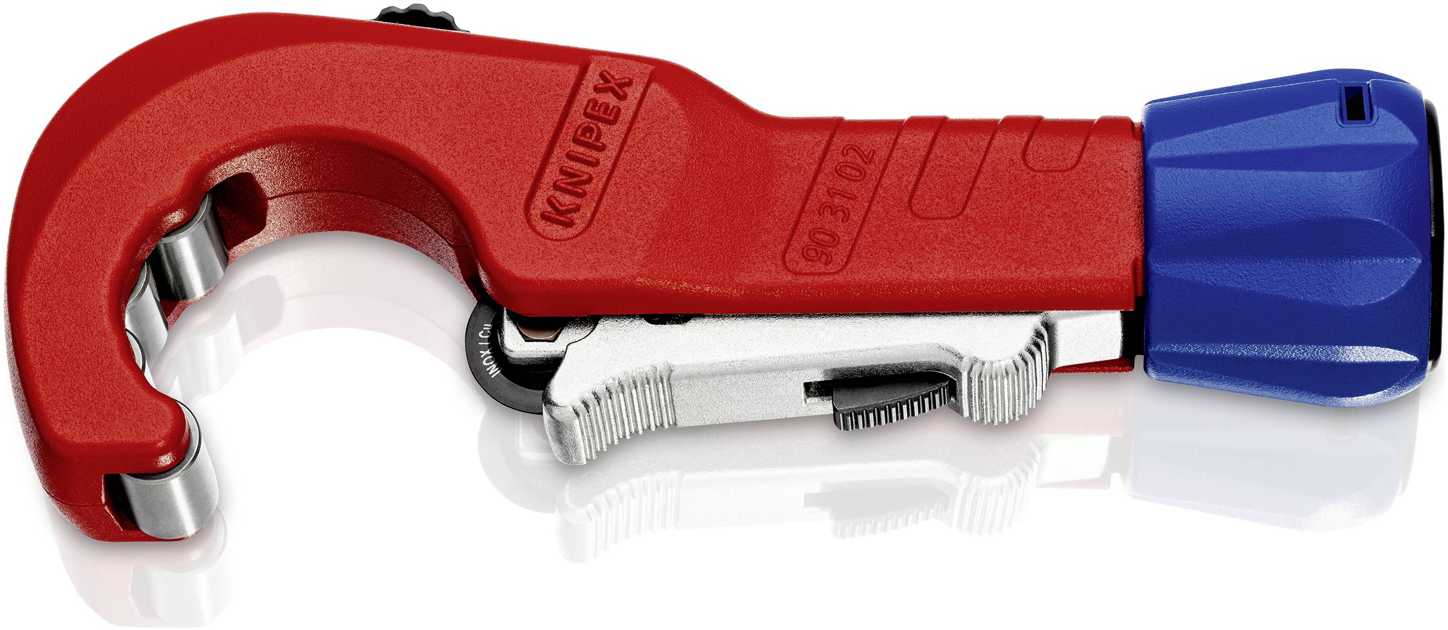 A red and blue tube cutter with a silver cutting blade, suitable for precisely cutting pipes of various sizes.