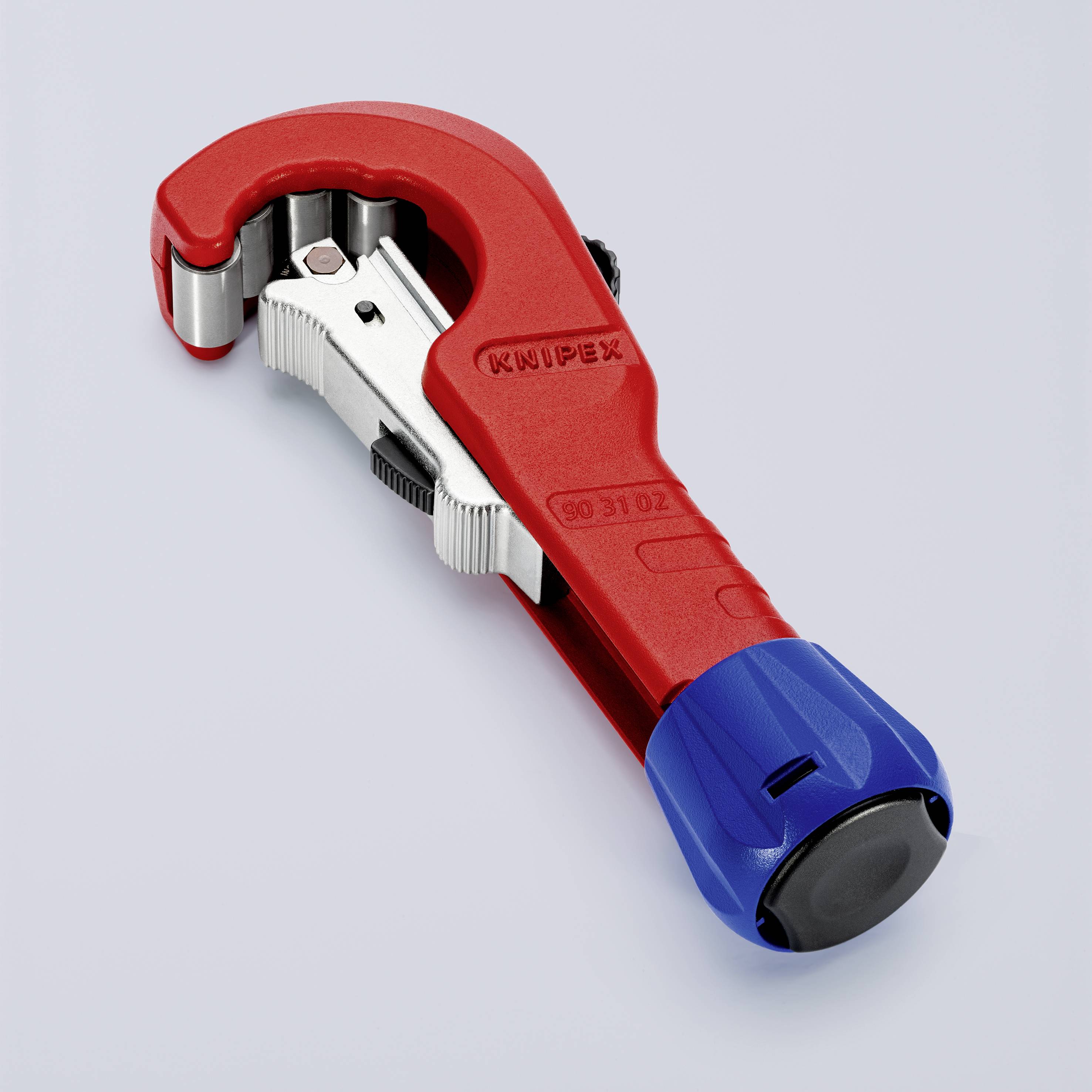 Rohrschneider in Red and Blue against a Grey Background. Cutting Tool for Metal Pipes with Ergonomic Handle and Precision Cutting Wheel.