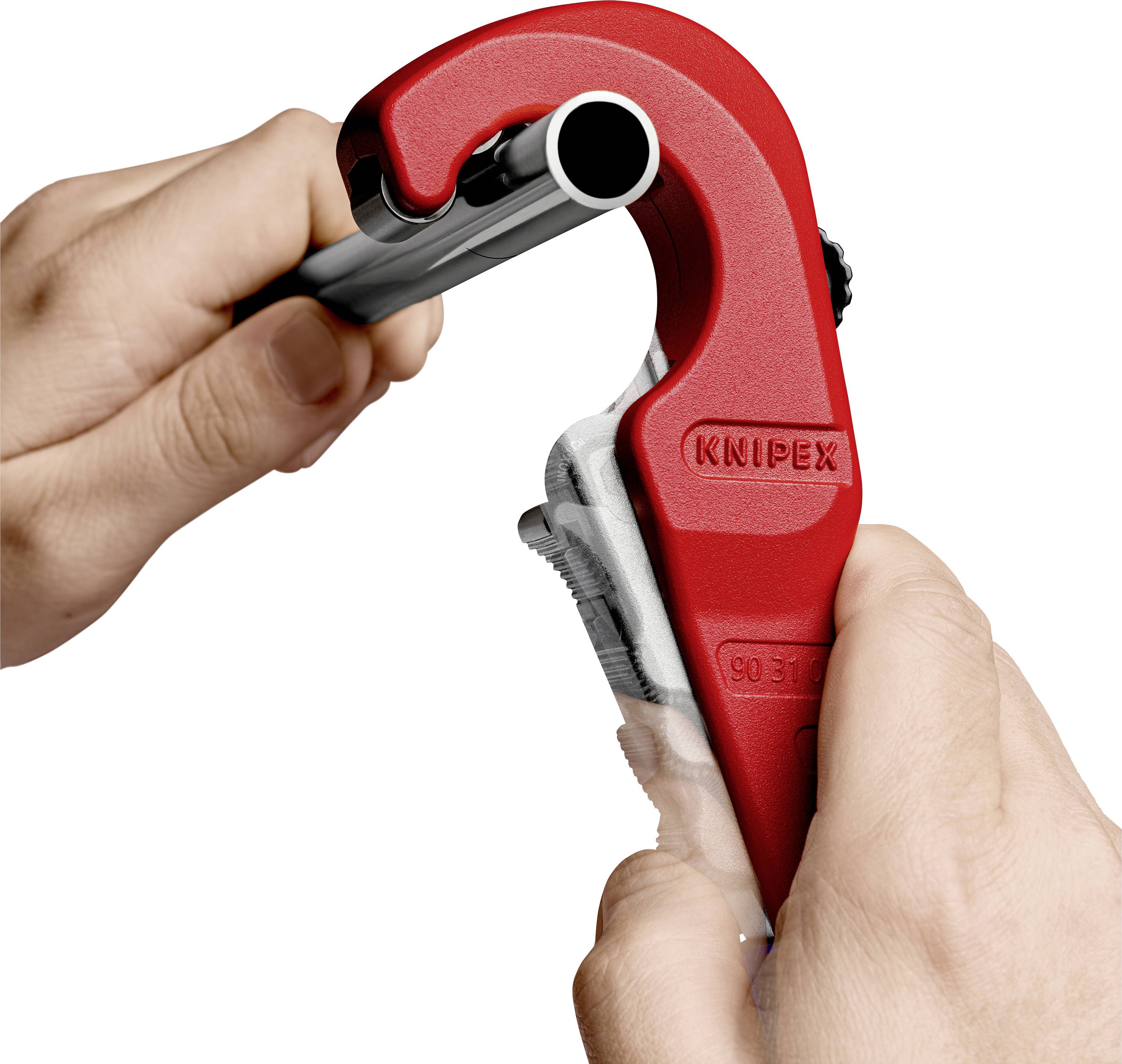 A person is using a red pipe cutter to cut a pipe. The pipe cutter is labelled with 'Knipex'.