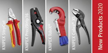 Four tools from KNIPEX: StepCut, PreciStrip16, TubiX, Cobra XS. On a red background, it reads 'New Products 2020'.
