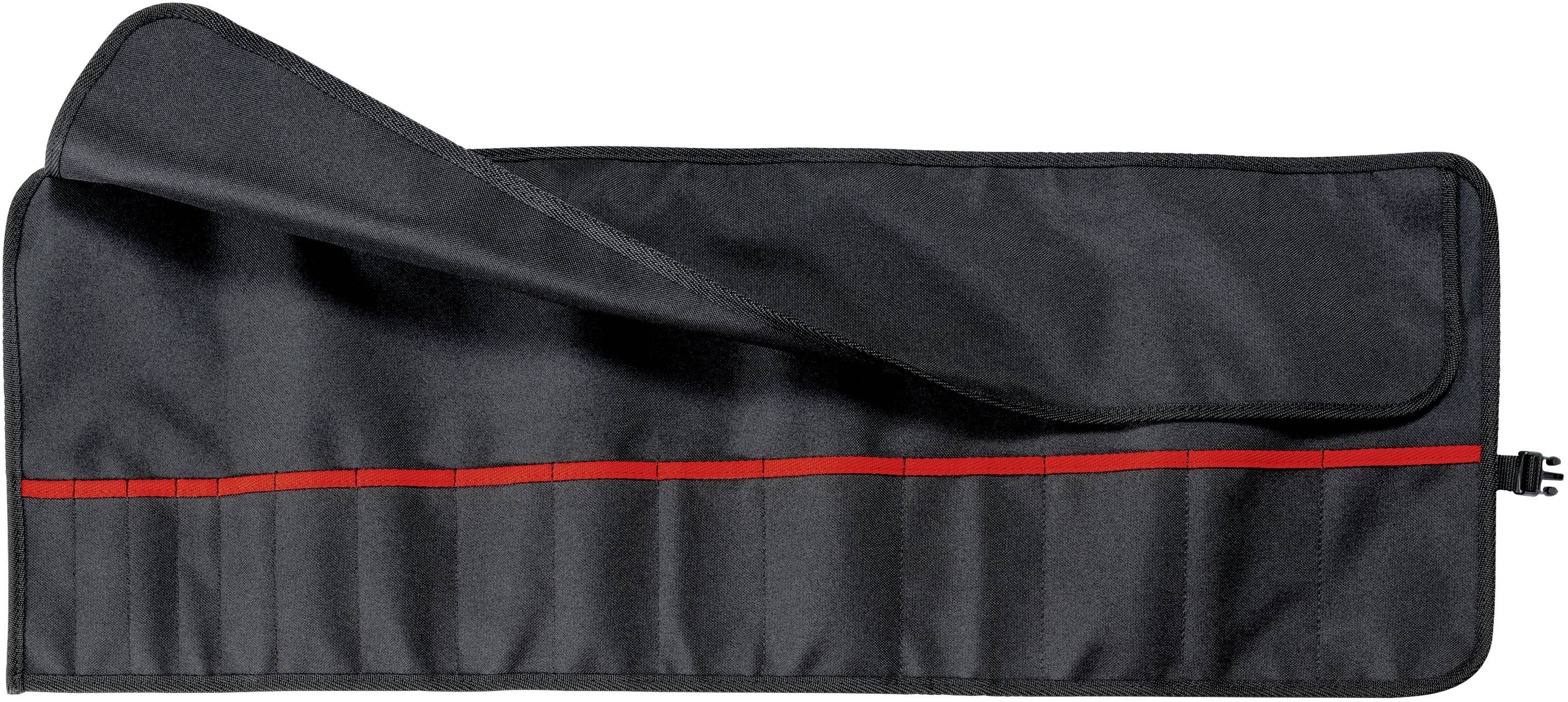 A black tool bag with multiple compartments, partially open and decorated with a red stripe.