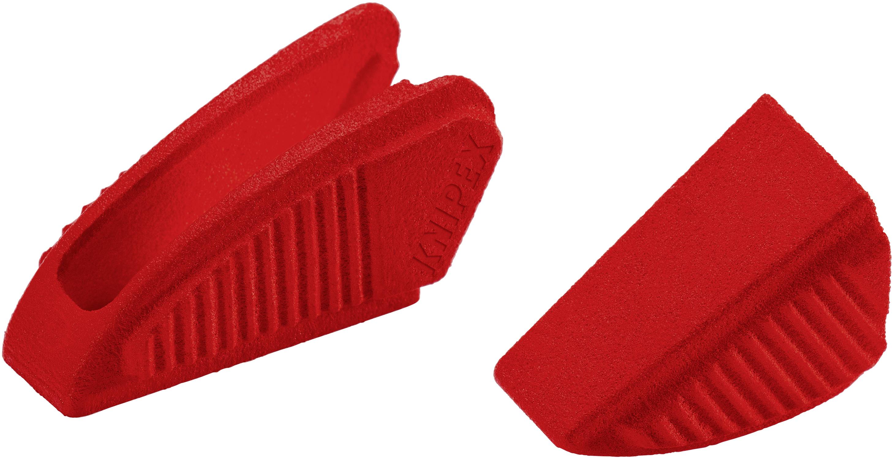 Two red protective jaws with vertical grooves for vices, designed to securely hold workpieces and prevent damage.