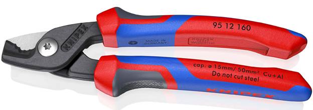 A pair of red and blue cable cutters with the text 'Do not cut steel' and size markings on the handles.