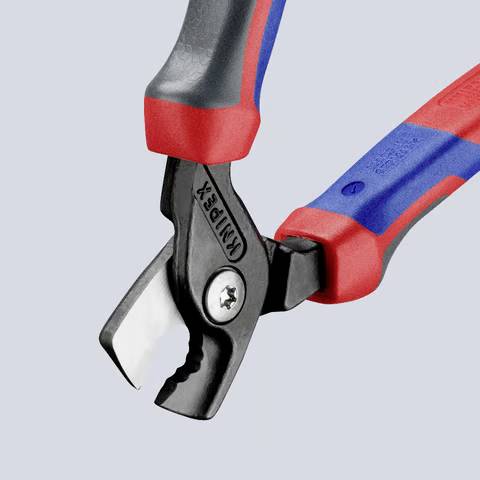 A red and blue-handled cable cutter with sharp, serrated blades designed for precise cutting of wires and cables.