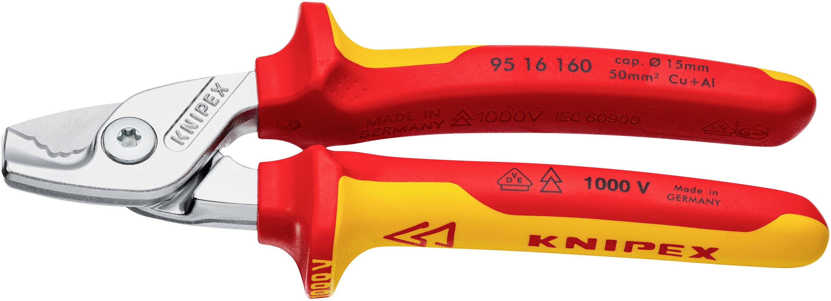 A red and yellow Knipex cable cutter with insulated handles, designed for work up to 1000 V. Suitable for cutting copper and aluminium cables.