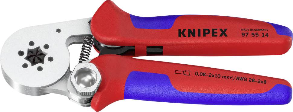 A pair of red and blue Knipex crimping pliers with adjustable settings, used for electrical work. The tool has a metal lever mechanism.