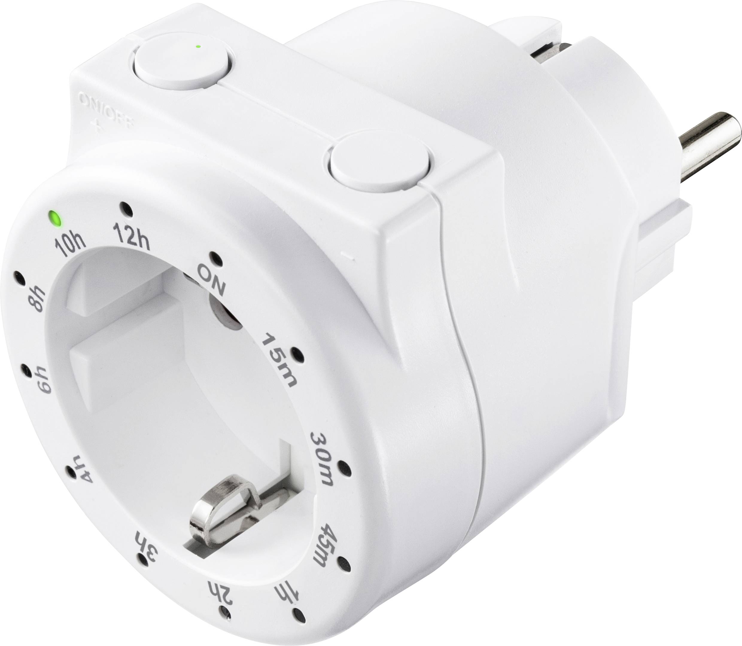 White 24-hour timer socket with green indicator light, suitable for automatic device control.