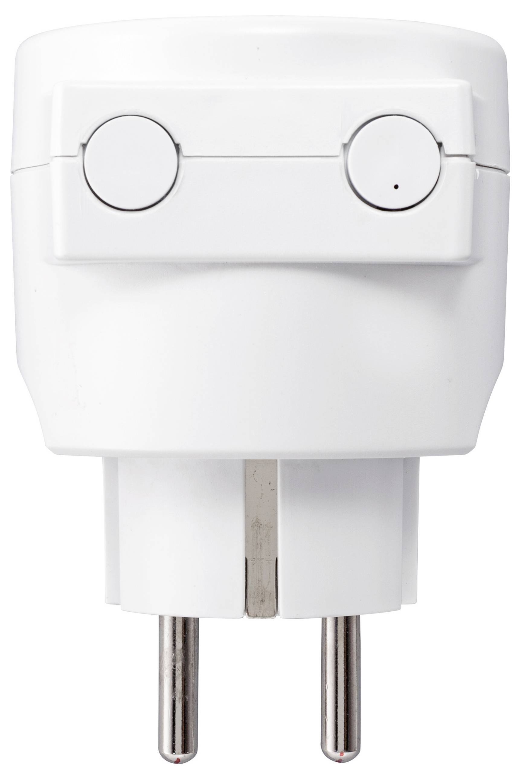 White, round socket adapter with two round contact pins. Designed to connect to various international plug types.