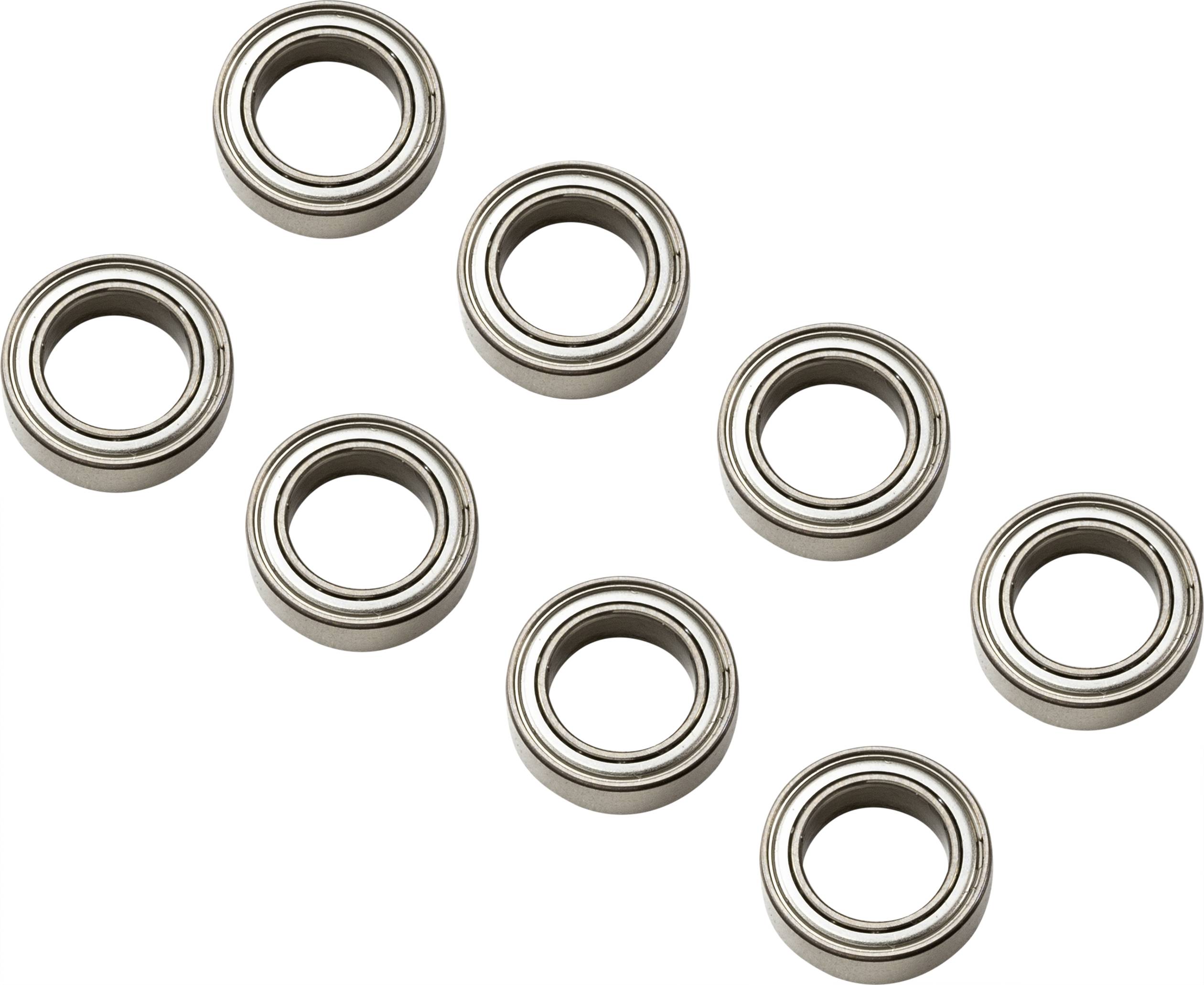 Eight ball bearings arranged in two staggered rows, silver in colour. They are positioned on a white surface.