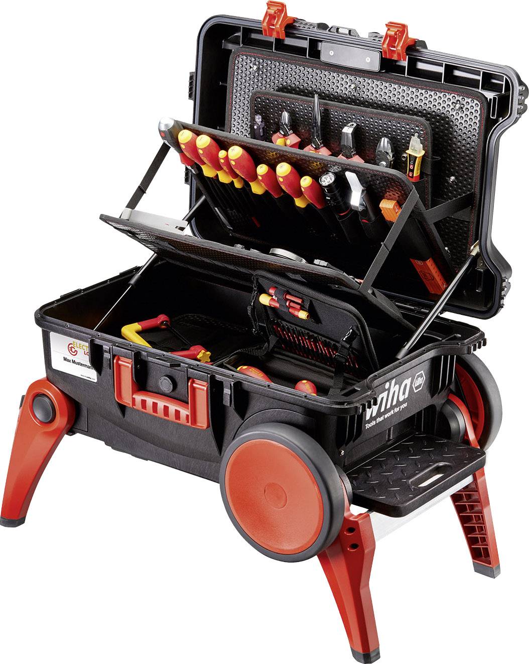 Tool case with an open lid, displaying sorted hand tools. Case has wheels and extendable legs for easy mobility and stability.