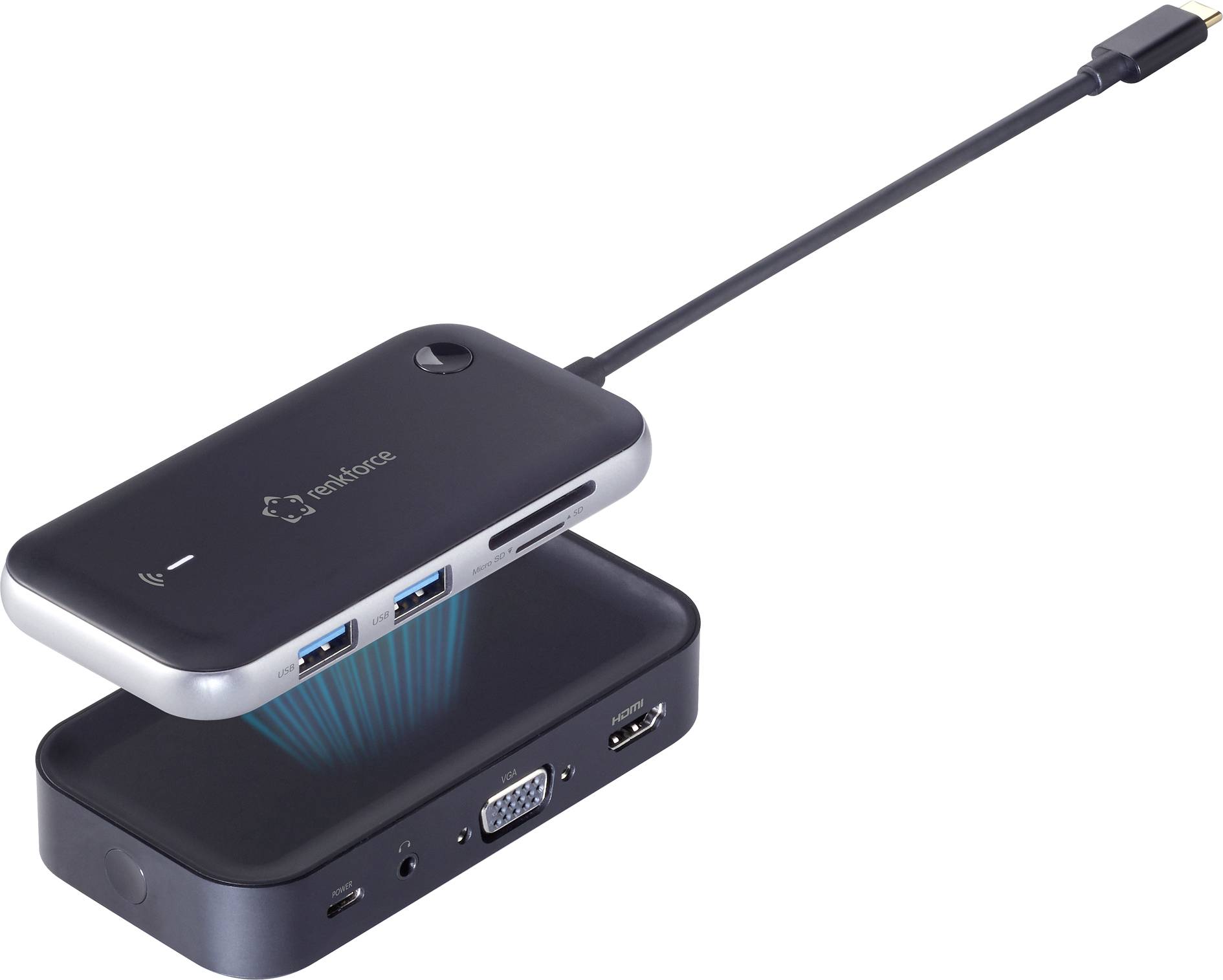 Multi-port 'Renforce' USB-C Hub with various connections, including USB, VGA and HDMI. Ideal for connecting different devices to a computer.