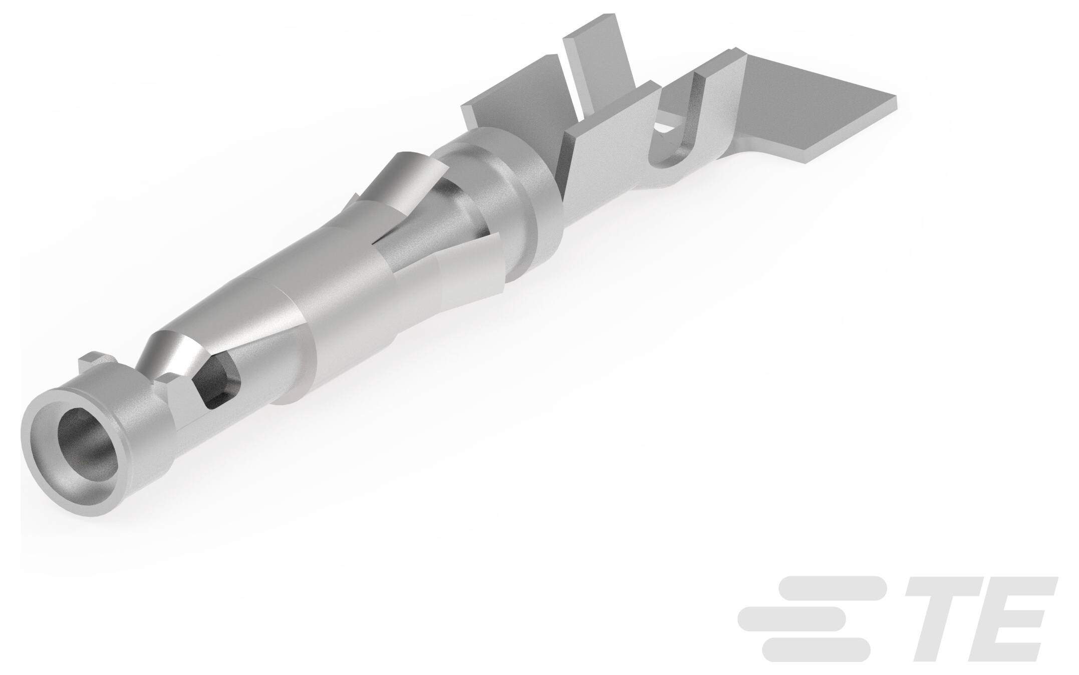 A metal electrical connector terminal with a cylindrical end and flange, designed for joining electrical circuits, displaying TE branding.