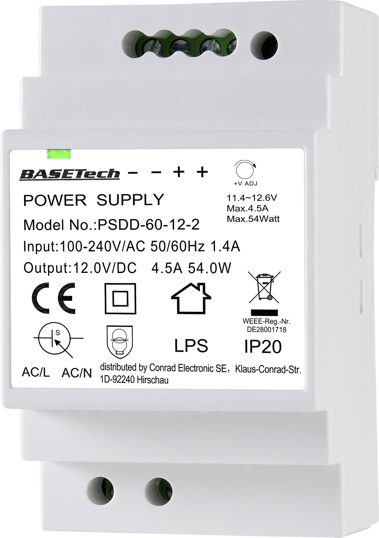 Basetech BT-2250320 Rail mounted PSU (DIN) 12 V 4.5 A 54 W No. of outputs:2 x Content 1 pc(s)