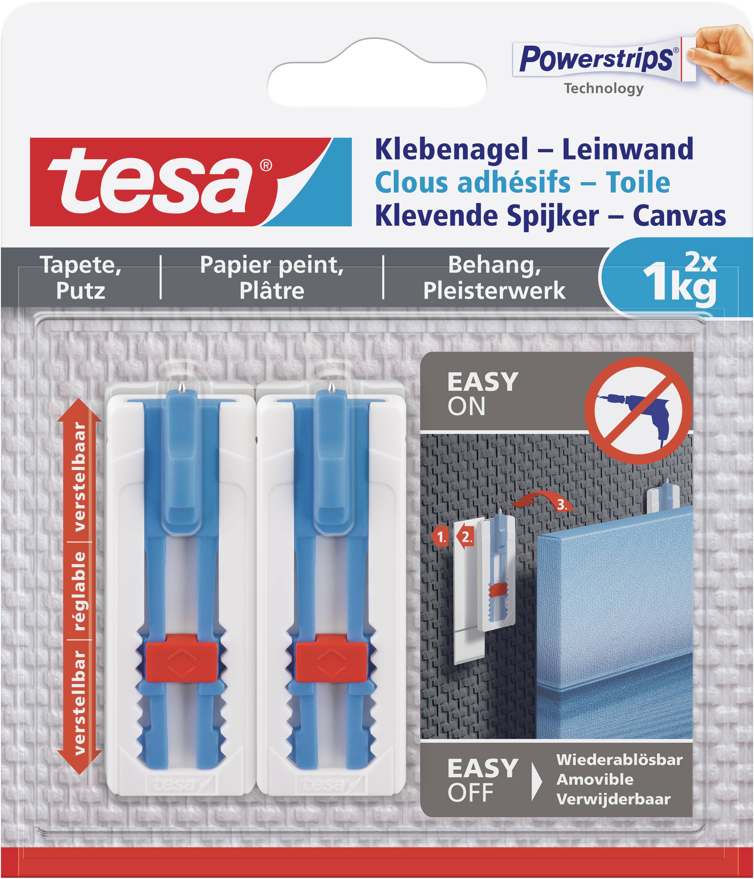 Adjustable adhesive nails for canvases, load-bearing up to 1 kg, easy to apply and remove, suitable for wallpaper and plaster.