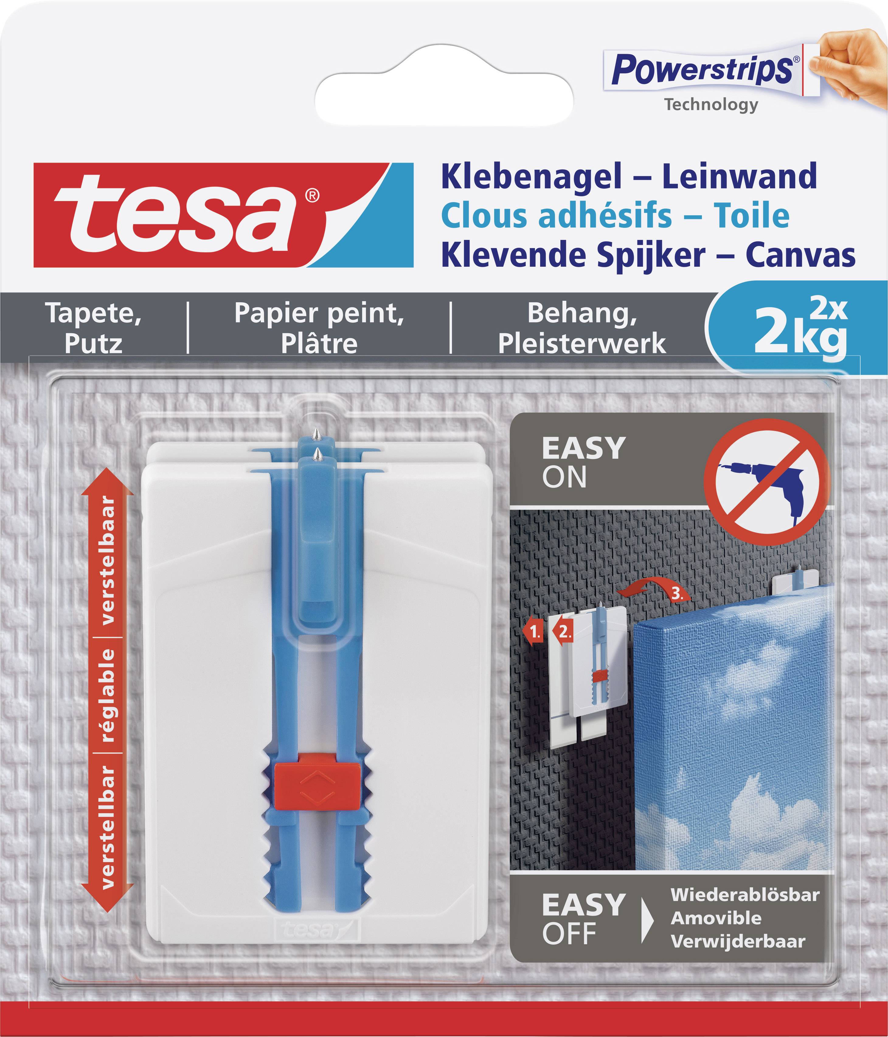 Packaging for Tesa Canvas Nail with Powerstrips Technology. Suitable for wallpaper and plaster, capable of supporting up to 2 kg.