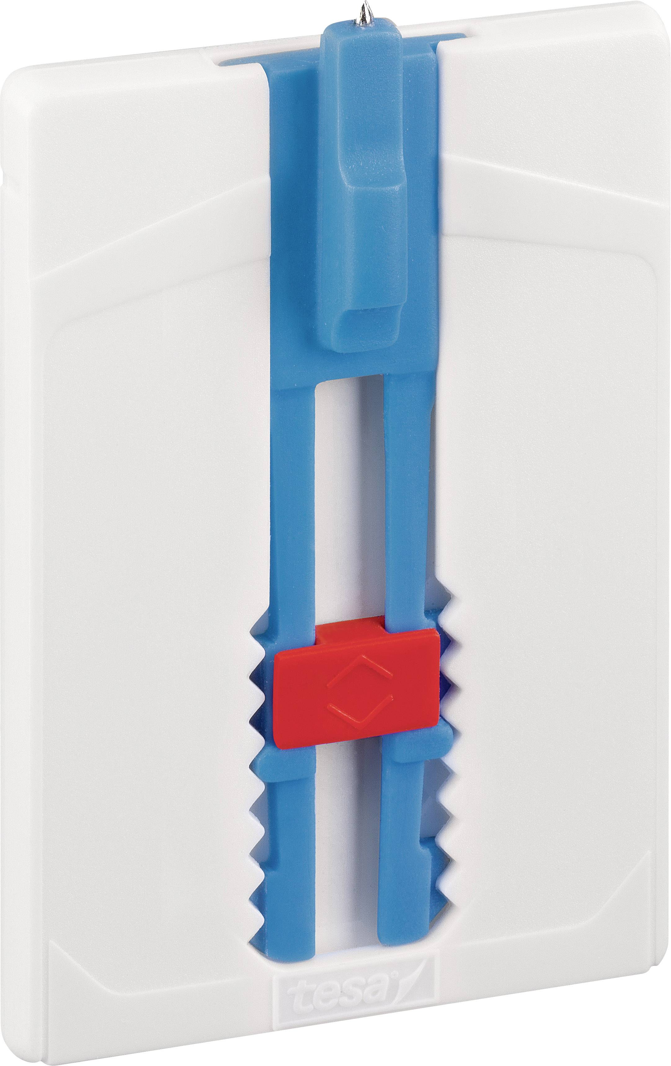 White plastic hook mounting bracket with blue sliding mechanism and red locking element, for hanging on walls.