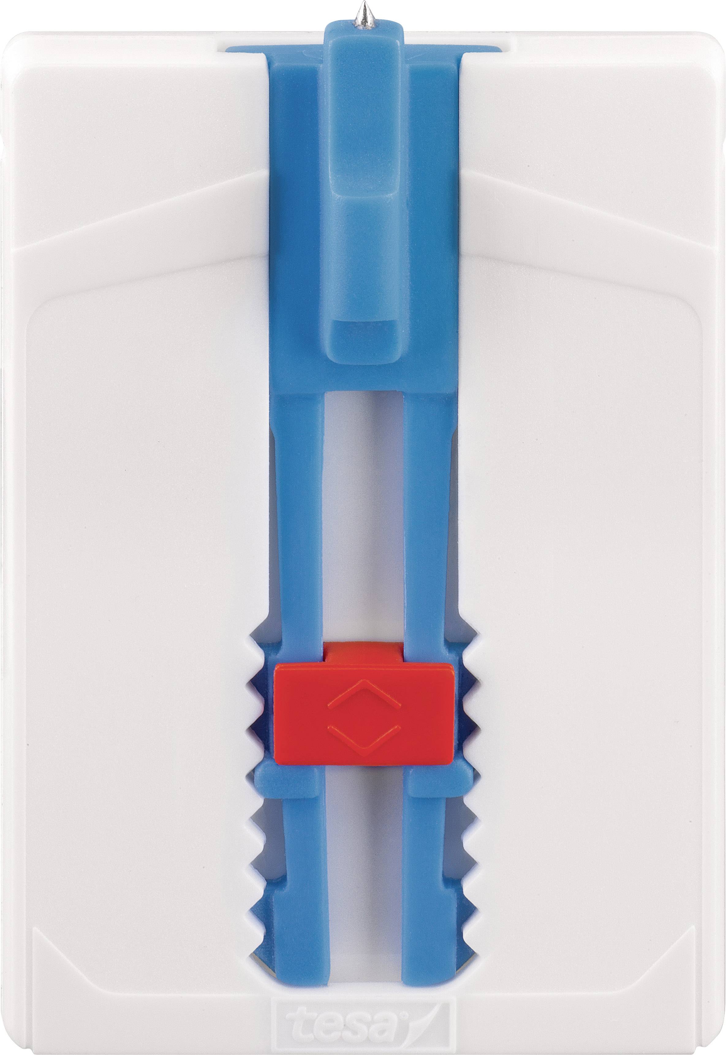 White Tesa adhesive hook with blue mounting bracket and red closure for securely hanging items on walls.