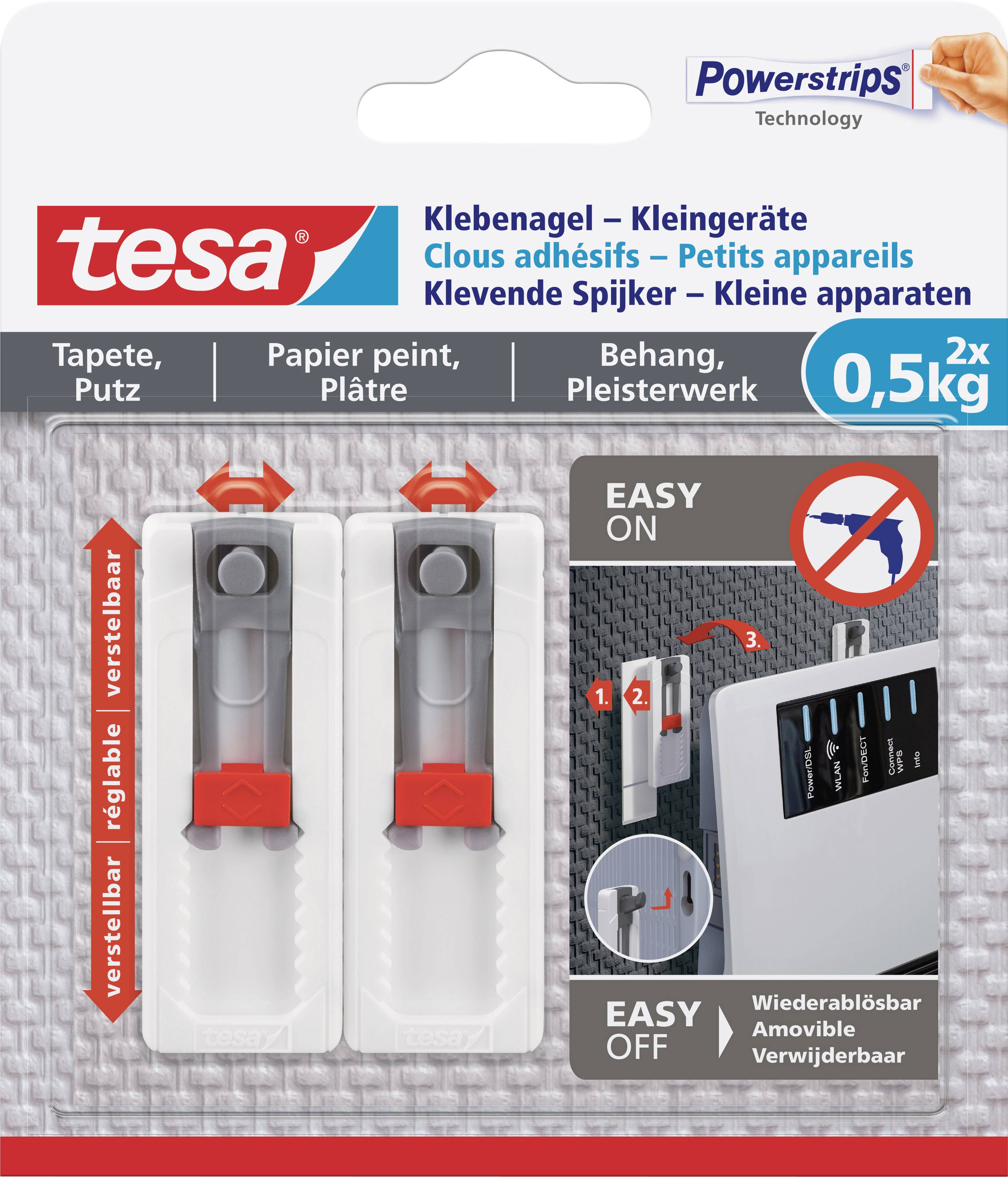 Pack of Tesa adhesive nails for wallpaper and plaster, 0.5 kg load. Contains two adjustable nails. Application diagram on packaging.